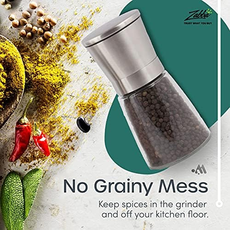 Salt and Pepper Grinder Set with Silicon Stand - Premium Pair of Salt & Peppercorn Mills with Adjustable Ceramic Coarseness - Brushed Stainless Steel and Glass Body Shakers image number 4