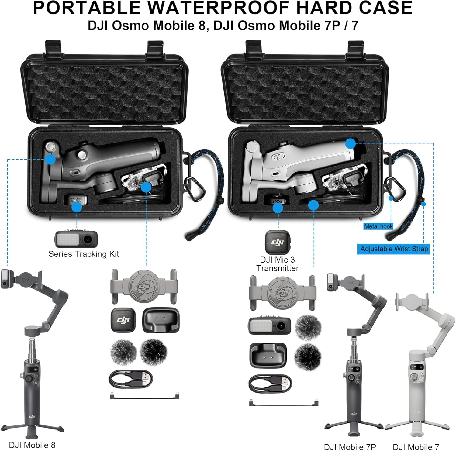 Lekufee Travel Waterproof Hard Case for DJI Osmo Mobile 8, Osmo Mobile 7P / 7 Gimbal Stabilizer and Accessories(Case & Bag Only)