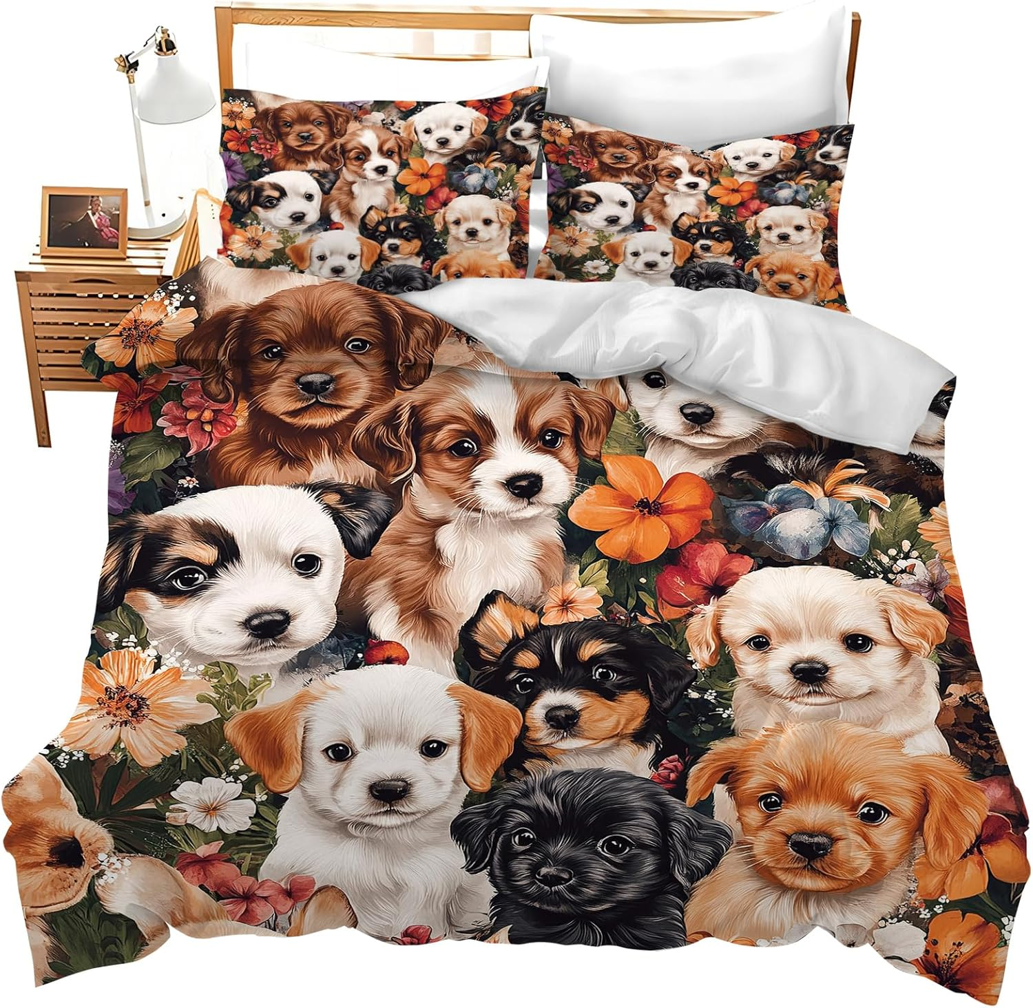 Wosabee Dog Bedding Set Dog Flower Comforter Set Cover Full Size Labrador Retriever Duvet Cover with 2 Pillow Cases for Kids and Adults Soft Quilt Cover for Bedroom Bed Decoration image number 3