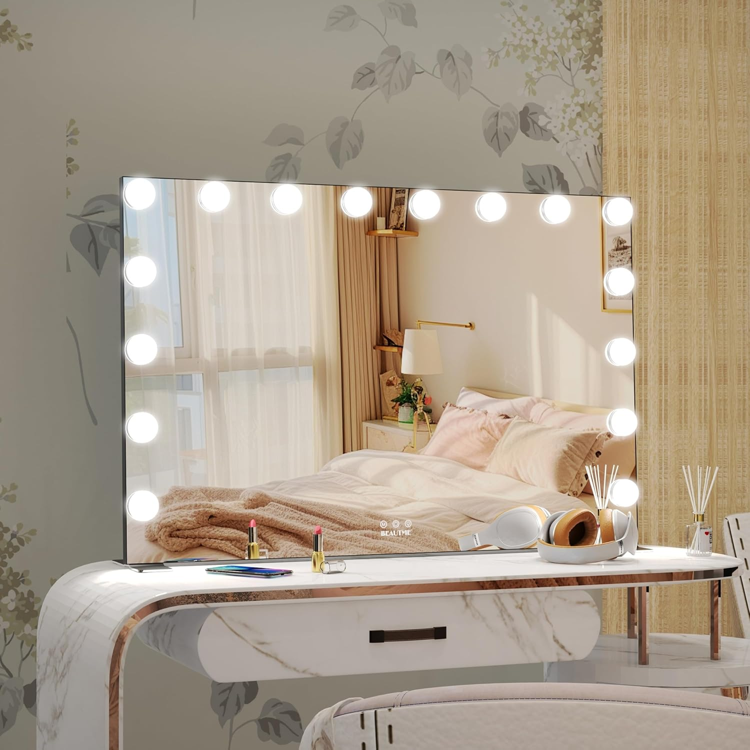 BEAUTME Vanity Mirror with Lights, Hollywood Makeup Mirror with Lights, Makeup Mirror with 16 Dimmable Led Bulbs, 3 Color Lighting Modes, Tabletop or Wall Mount, Black, 91.1&times;61.6Cm image number 2