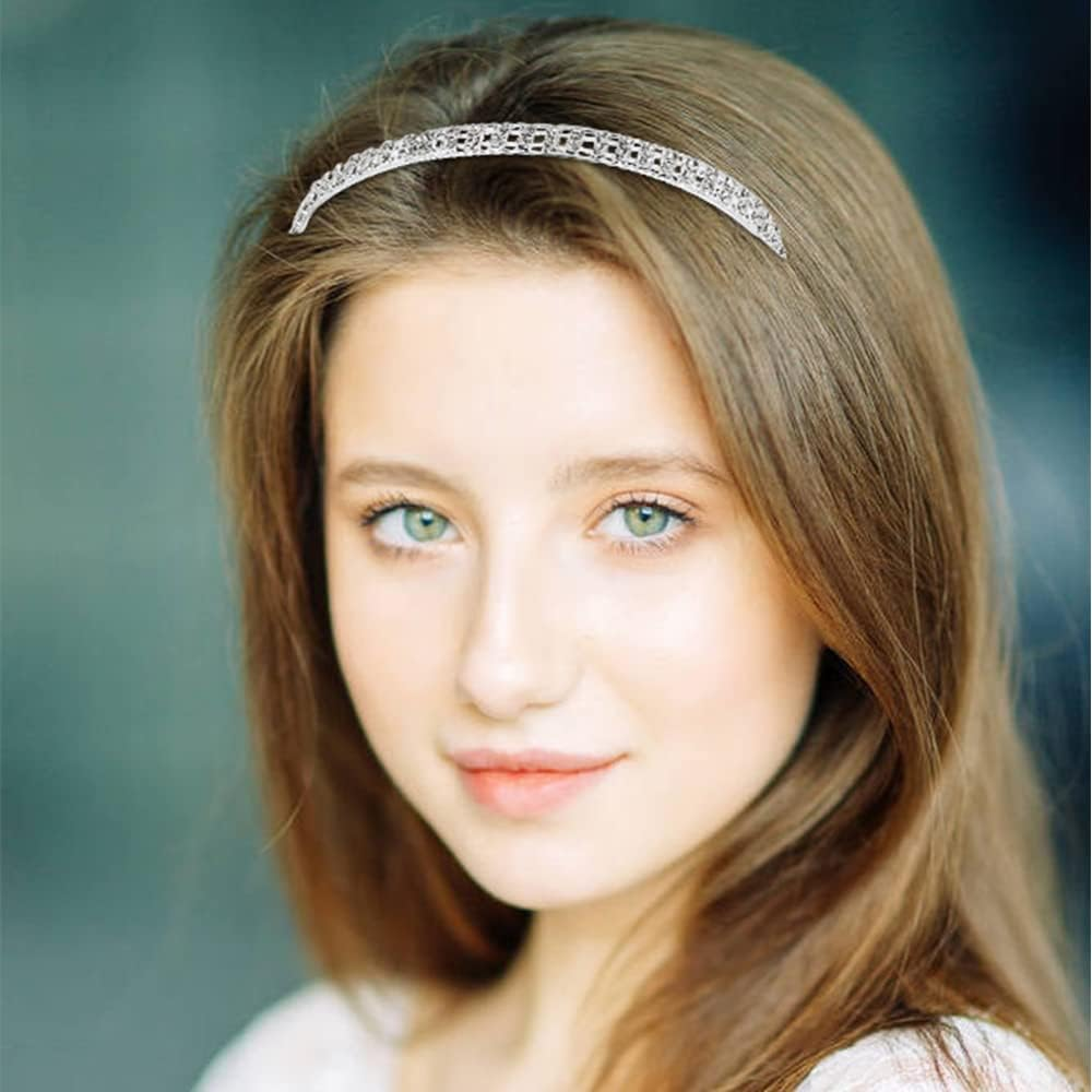 8 Pack Rhinestone Pearl Glitter Sparkly Fancy Silver Metal Headbands Double Hair Bands Slim Thin Skinny Hard Hair Bands Crown Tiara Hair Holder Headpieces for Women Girls