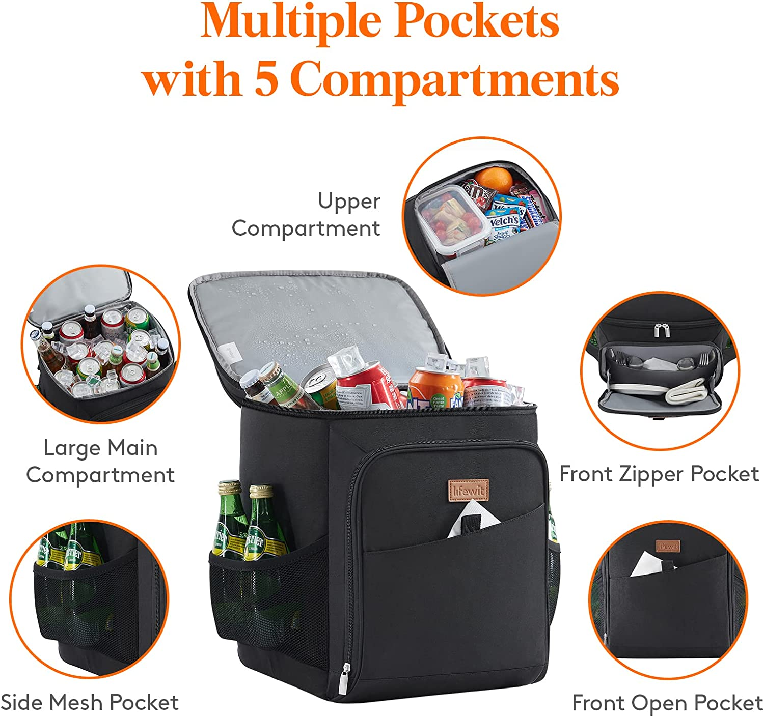 Lifewit 26L 34-Can Insulated Cooler Backpack Cool Bag, Large Picnic Bag Leakproof Portable Fridge Soft Food Cooler Box for Men Women for Outdoor/Picnic/Beach/Bbq/Camping/Travel/Family, Black image number 2