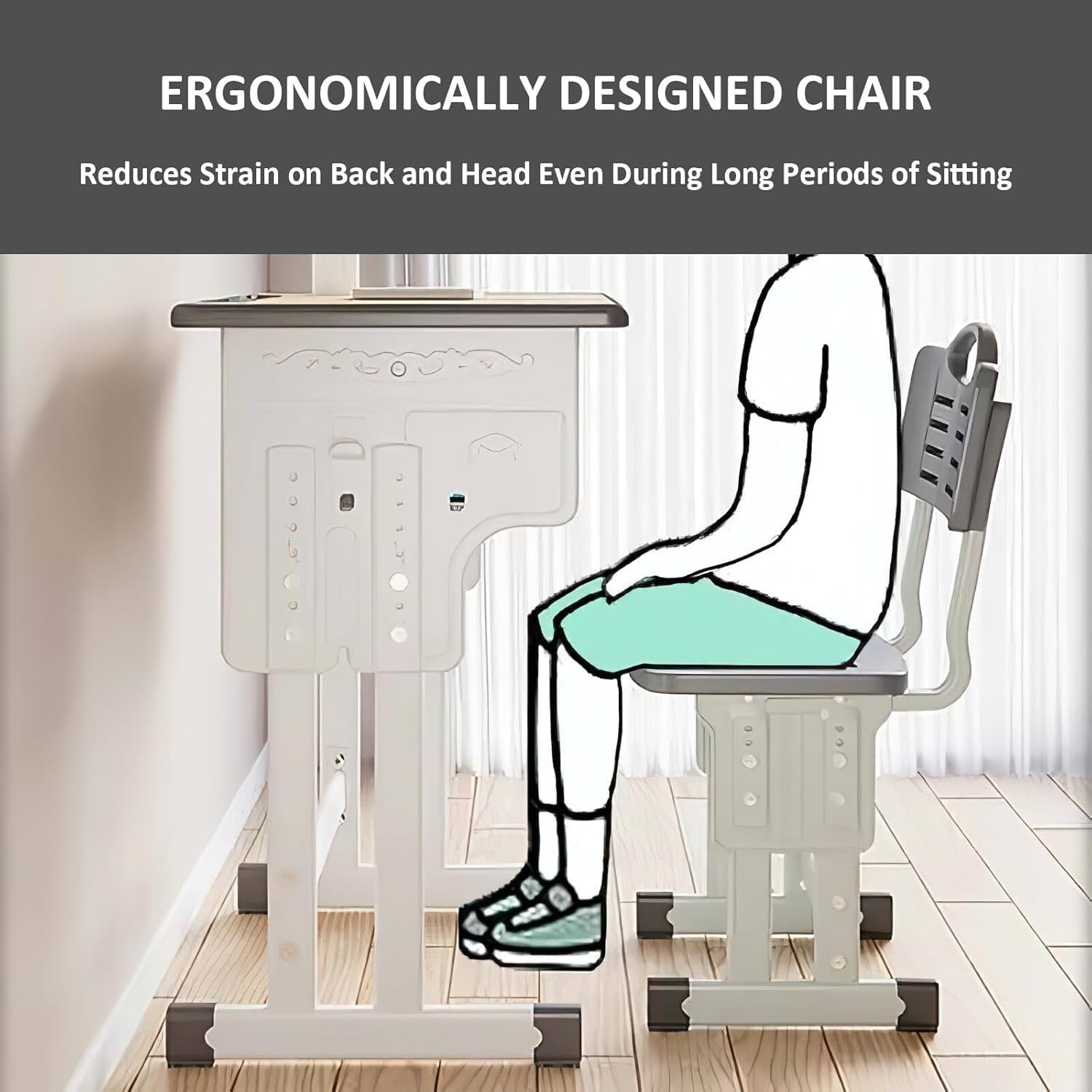 Kids' Desk Chair Sets, Adjustable Height Children Study Desk and Chair Set Large Storage Drawer, Multifunctional School Student Writing Study Table and Chair Set, Ergonomic Design (Green) - Beige image number 4