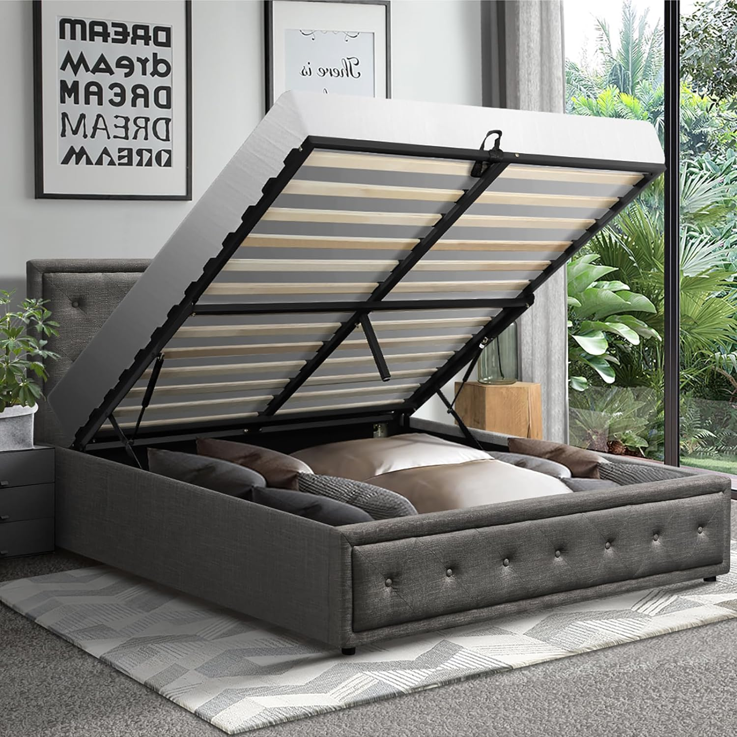 Oikiture Queen Bed Frame with Storage Space Gas Lift Bed Mattress Base Grey image number 7