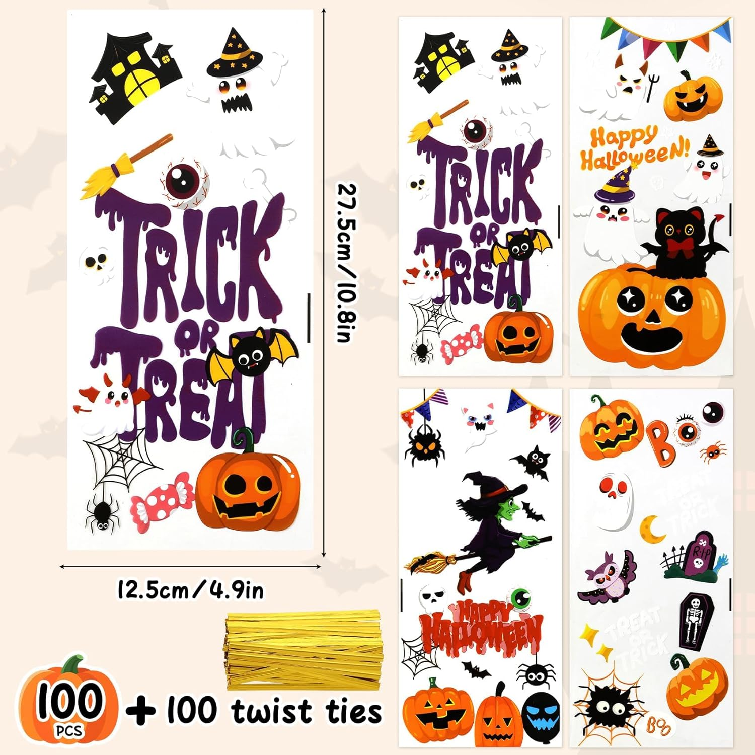Halloween Candy Treat Bags,100Pcs Five Styles Clear Cellophane Goodies Bags with 100PCS Twist Ties,Transparent Party Gift Supplies for Trick or Treat Snacks Cookies Popcorn Candy,For Halloween Party