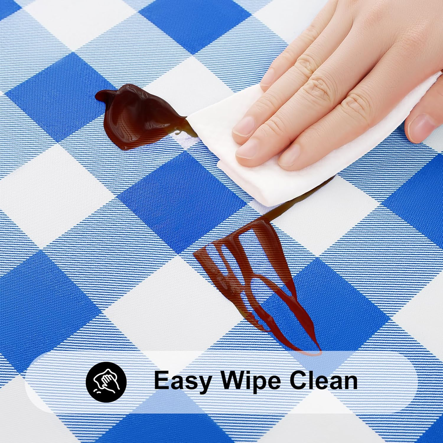 Smiry round Picnic Table Cloth, Elastic Waterproof Fitted Vinyl Tablecloth for 36"-44" Tables, Flannel Backed Buffalo Plaid Table Covers for Dining, Camping, Outdoor, White and Blue image number 5