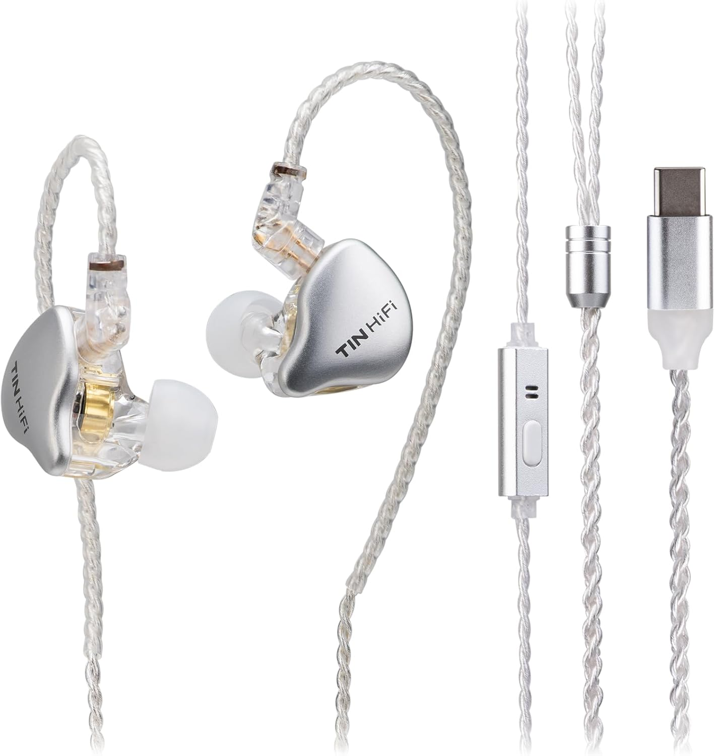 TINHIFI C1 in Ear Earphones, DLC Diaphragm Driver, Hifi Music and Immersive Gaming, Deep Bass, IEM Sleep Earphones Silver Type-C+Mic 2Pin image number 2