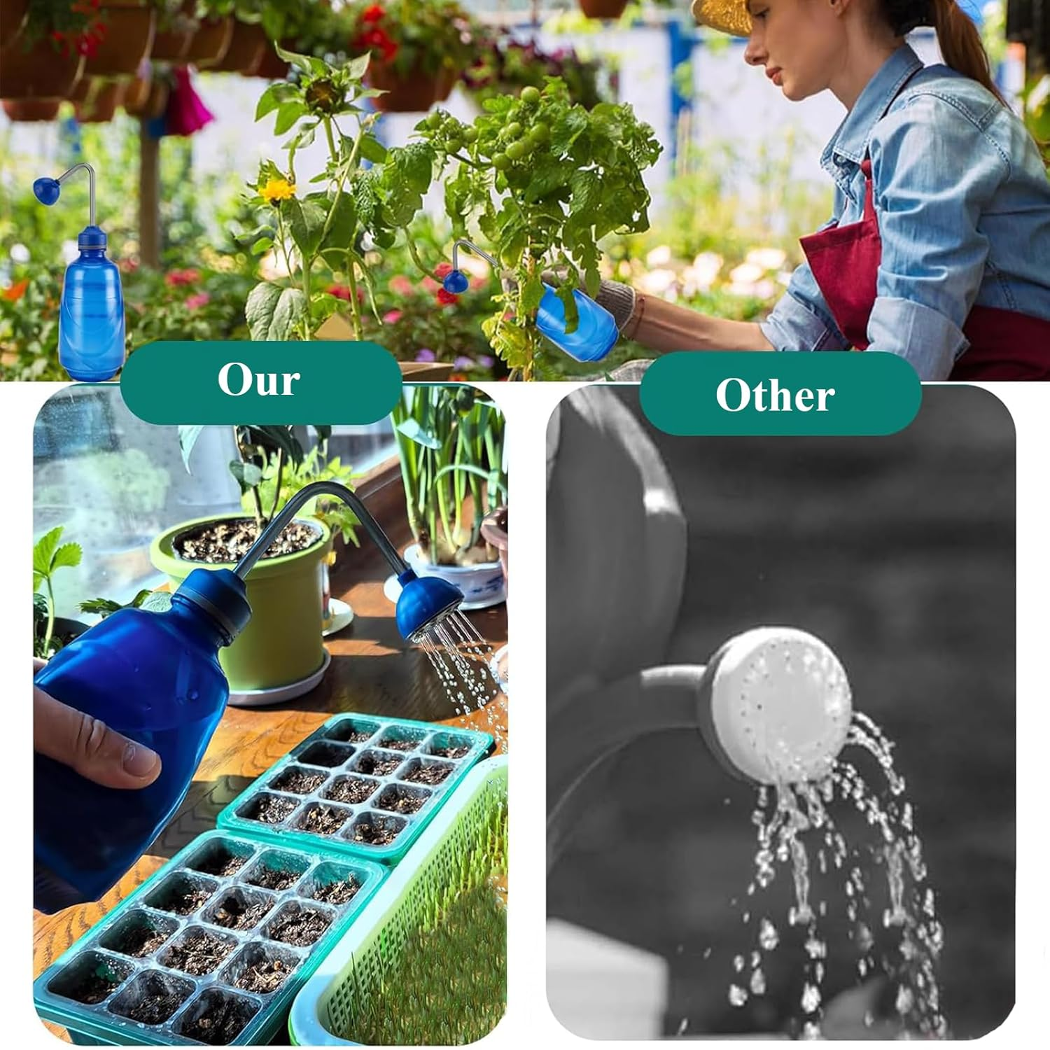 Rhoyee 450Ml Mini Watering Can for Indoor Plants &ndash;Squeeze Bottle with Precision Spout & Spray Head &ndash;Leak-Proof Plastic Plant Water Bottle for Succulents, Seedlings, Bonsai & Office Desk Plants (Blue) image number 1