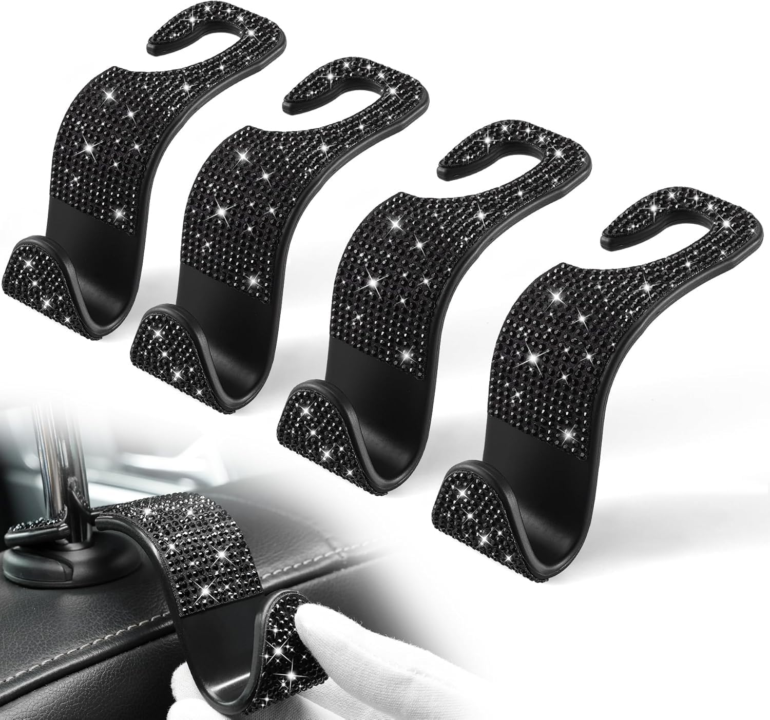 Crystal Bling Rhinestone Car Back Seat Headrest Hook,Universal Car Hooks， Purse Bag Holder, Car Interior Accessories for Women and Men,Handbag Hook for Car 4-Pack (Black) image number 4