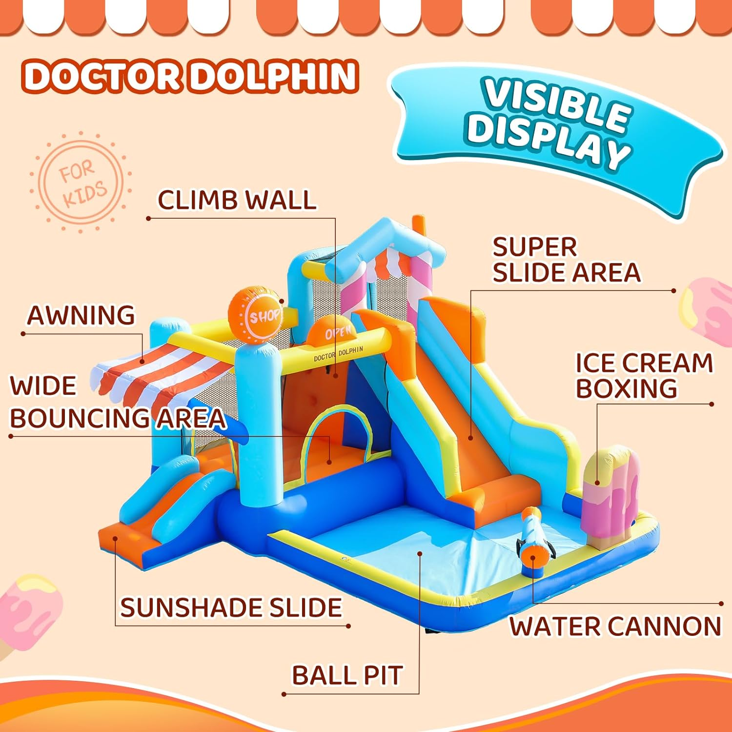 X Doctor Dolphin Inflatable Bounce House with Slide and Blower for Kids, Double Slide Jumping Inflatable Bouncer Blow up Bouncy Castle with Ball Pit for Indoors and Outdoors