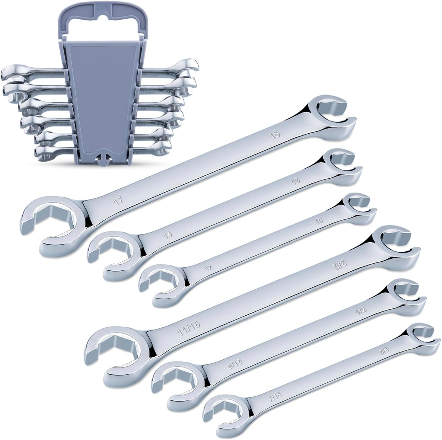 EFFICERE 5-Piece Double-End SAE Flare Nut Wrench Set in Rack, Size 1/4, 5/16, 3/8, 7/16, 1/2, 9/16, 5/8, 11/16, 3/4, 7/8&rdquo; | Cr-V Steel, 6-Point Head, Best Line Wrench for Fuel, Brake, Air Conditioning image number 3
