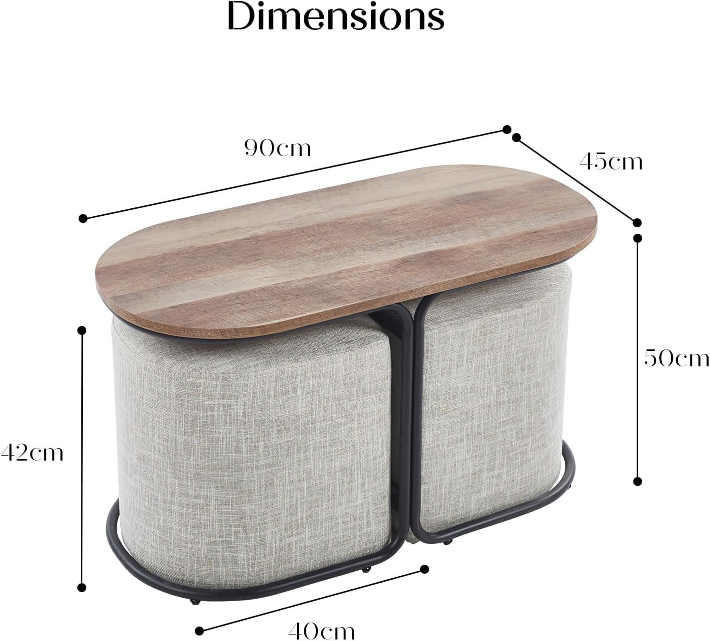 La Bella 3-Piece Coffee Table & Ottoman Set &ndash; Modern Industrial Living Room Furniture with 2 Padded Stools, Linen Upholstery & MDF Wood Tabletop &ndash; Space-Saving Design, Cream