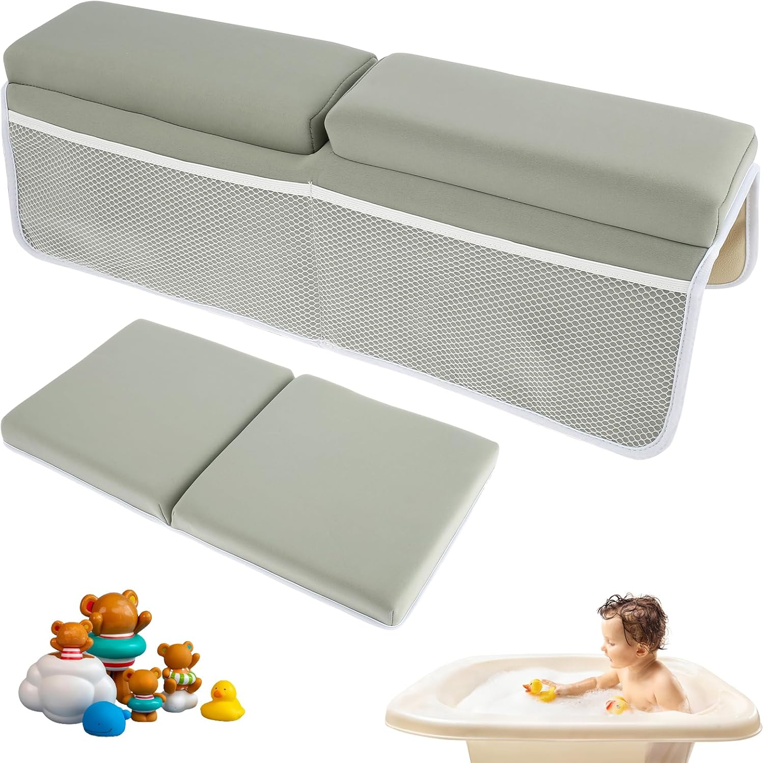 Baby Bath Kneeler and Elbow Rest Pad Set, Bath Kneeling Pad, Anti-Slip Baby Bath Support Mat with 4 Organizer Pockets, Foam Kneeling Bath Pad, Washable Bath Tub Elbow Pad for Toddler Bathroom image number 3