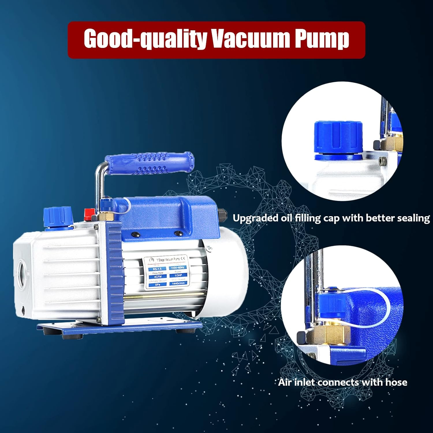 P PBAUTOS 4CFM 1/3HP 220V/50Hz Singe-Stage Rotary Vane Vacuum Pump for HVAC, Air Conditioner Maintenance, Food Packaging, Wine Degassing, Deaeration, Medical Experiment image number 3