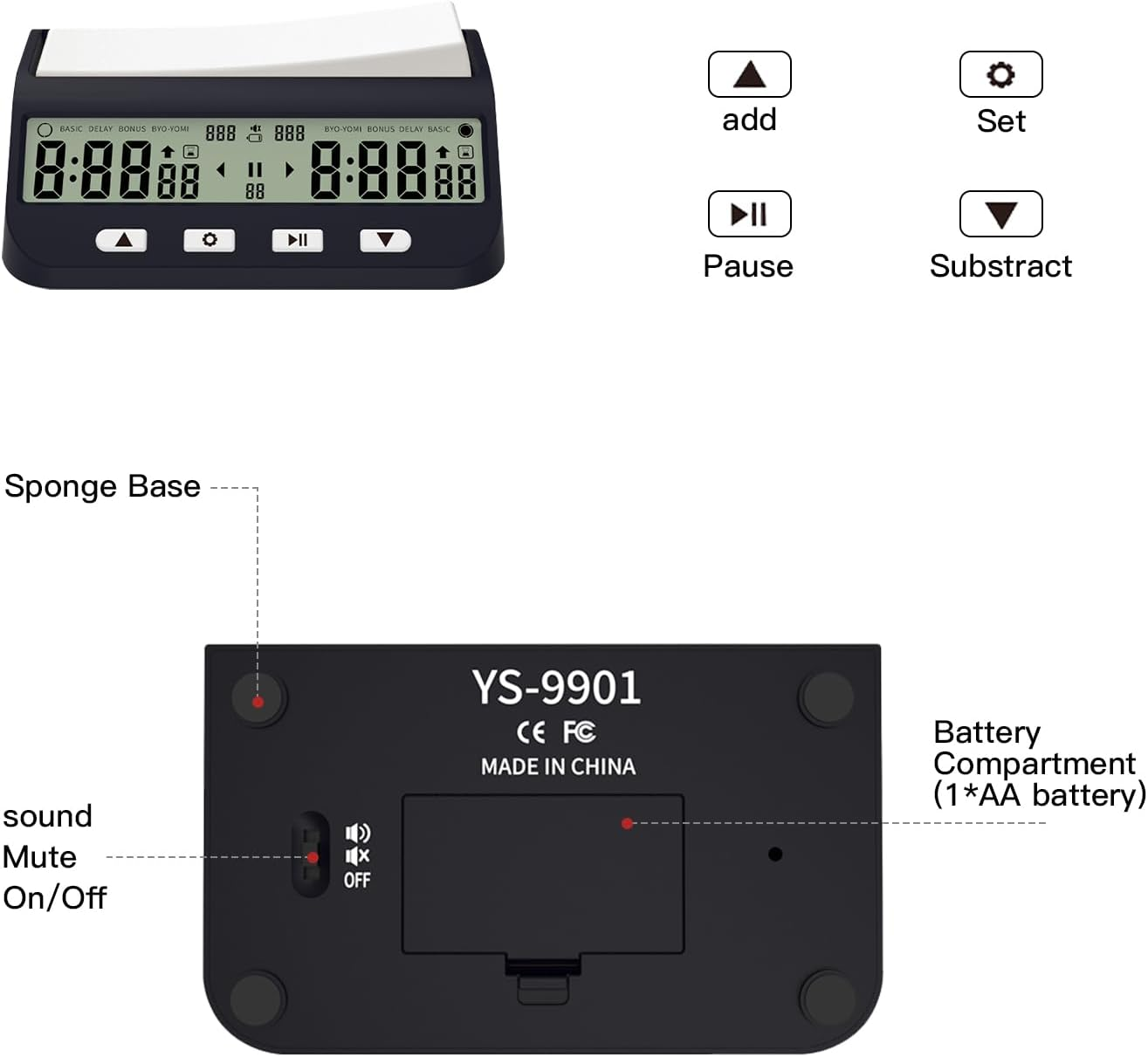 Necomi Digital Chess Timer, Portable Chess Clock Digital Chess Clock for 2-Player Game with Basic Bonus Delay Byo-Yomi & Positive Time Features 5-In-1, New Upgraded to Show Priority of Moves image number 2