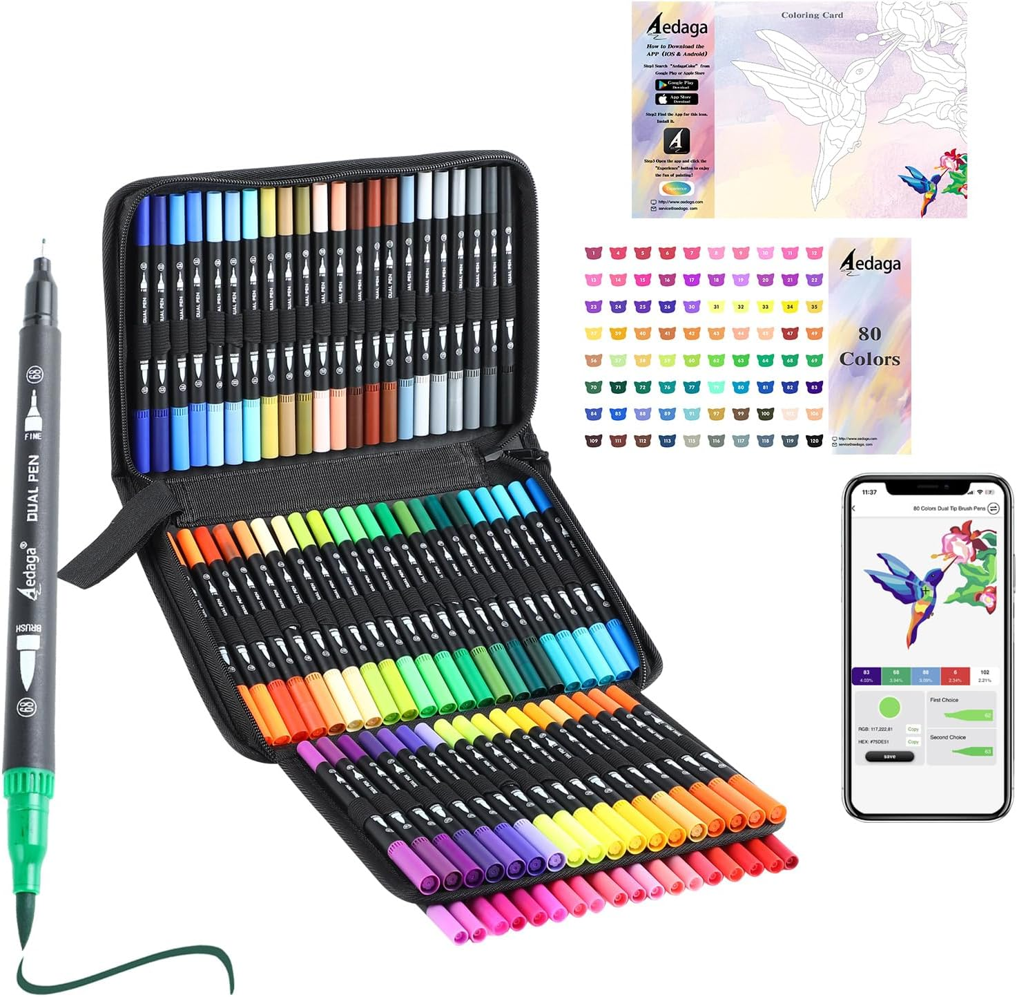80 Colors Numbered Dual Tip Brush Pens with Free App, Colored Markers for Adults and Kids, No Bleeding Markers Set for Coloring Book, Art Supplier Fine Tip Marker Pens, Bullet Journaling