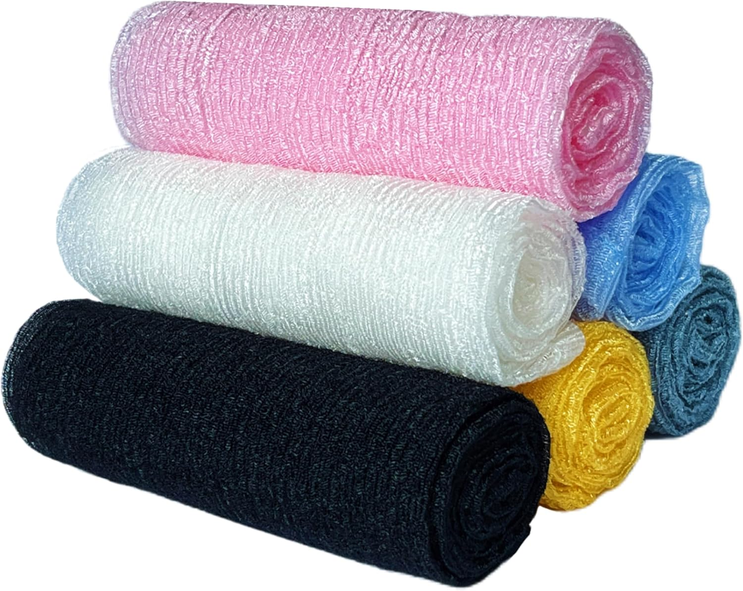 Japanese Washcloth Exfoliating Towel Sponge Loofah for Body Scrubber in Shower - 6 Pieces (GY, BLK, WH, YLW, PNK, BLU)