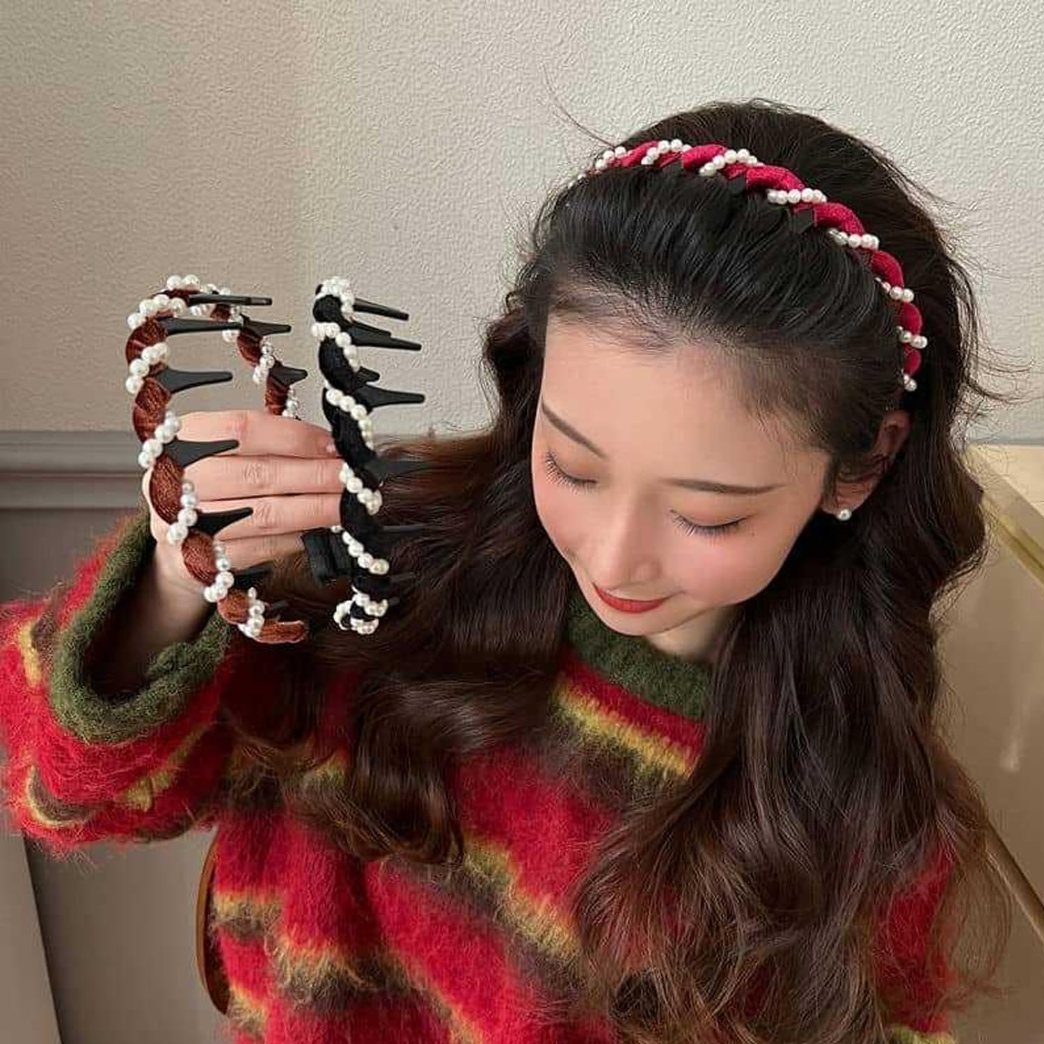 Regulatem/Watchatest Retro High Skull Pearl Headband Set, Vintage Cranium Artificial Pearl Hairband, Reversible Zig Zag Headband, Rhinestones Hair Accessories for Parties and Daily(4Pcs-D) image number 1