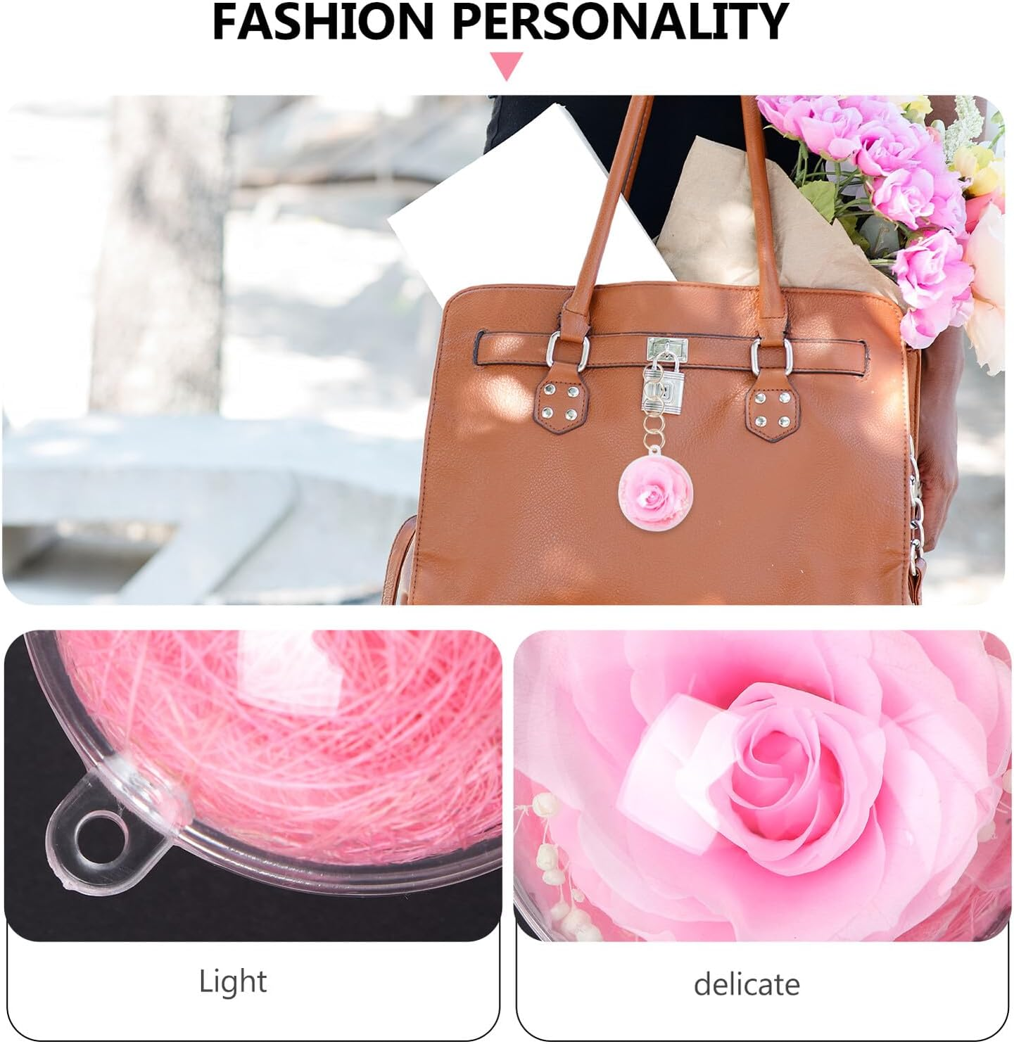 GOOHOCHY Preserved Flower Key Pendant Bag Charm Pink 5Cm Ball Keychain for Women New Year DIY Accessory image number 4