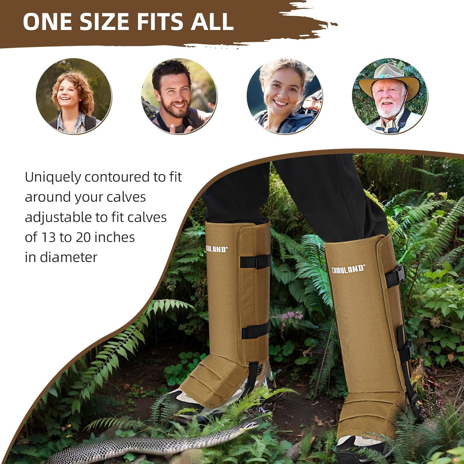 CAMULAND Snake Gaiters for Men & Women, Durable Waterproof Snake Guards for Lower Leg Protection, Adjustable Snake Bite Proof Gaiters for Hunting, Hiking, and Farm Work (Khaki) image number 1