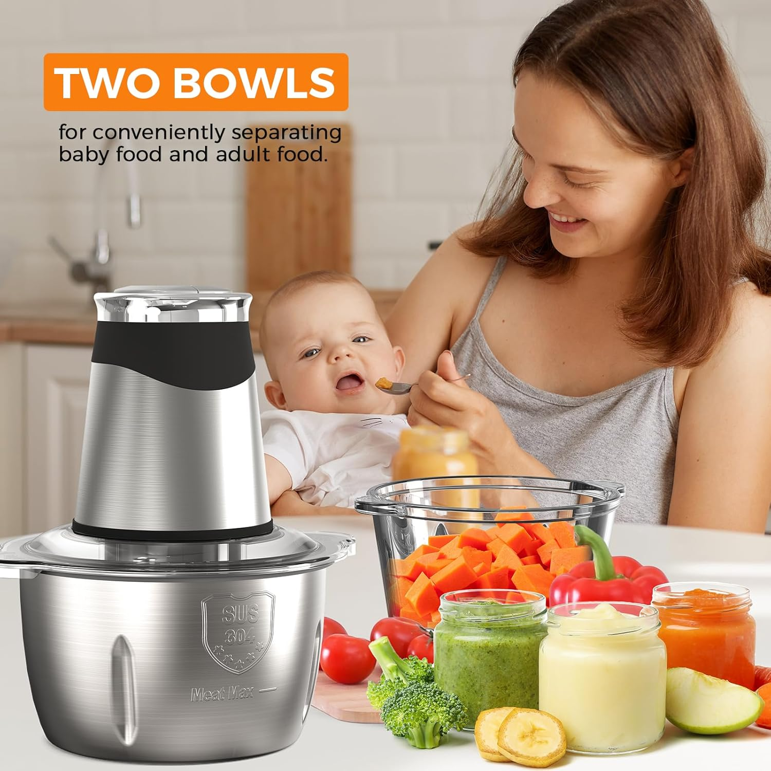 500W Electric Food Chopper & Processor, Dual 1.8L Bowls, Mini Chopper & Meat Grinder for Garlic, Onions, Nuts, Baby Food, Dishwasher Safe