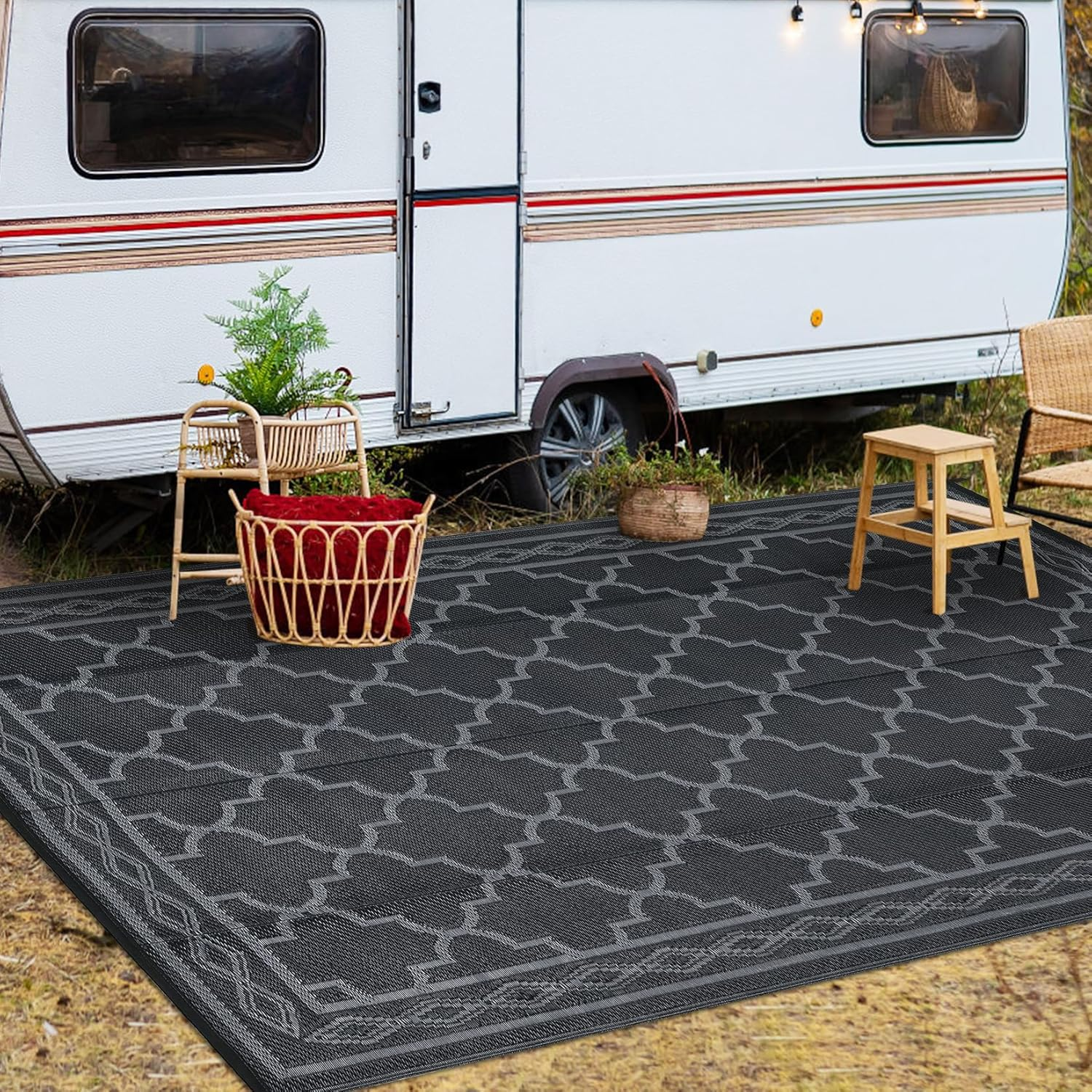 Lintimes Outdoor Rug for Patio Clearance, 152 X 244 Cm Reversible Mats, Waterproof Carpet, Plastic Straw Rug for Indoor Outdoor, Floor Mat&Rug for RV Porch Backyard Deck Beach, Black Gray image number 6