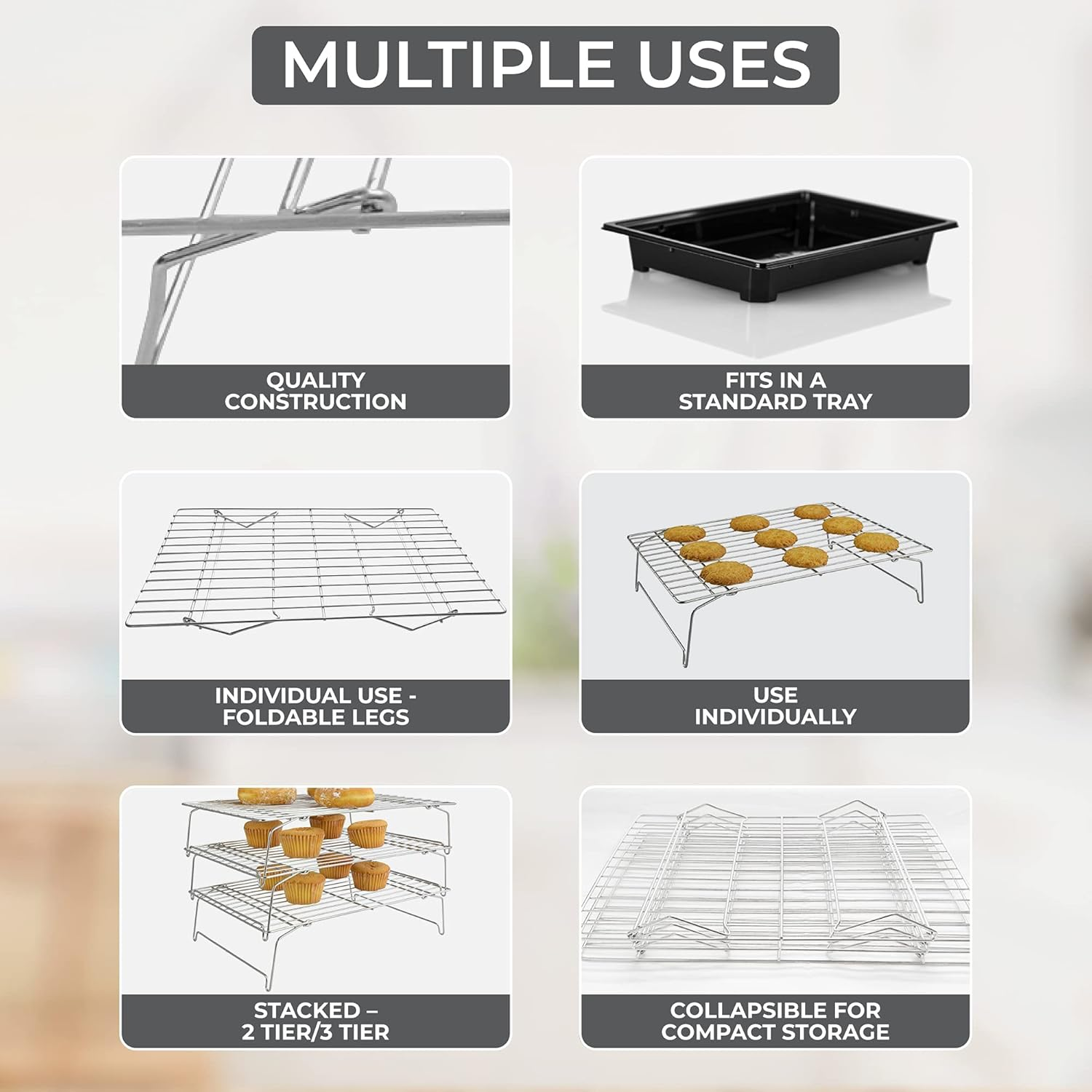 3-Tier 100% 304- Stainless Steel Cooling and Baking Racks, Oven Safe and Dishwasher Safe |Bonus Silicone Pastry Brush and Spatula image number 5