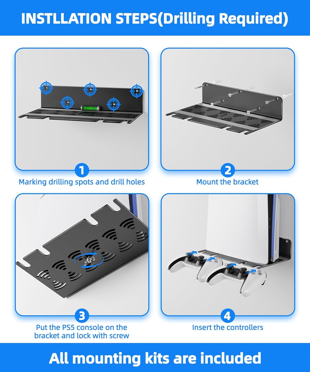 ANSHAWTIY PS5 Wall Mount Aluminum Alloy Compatible with All PS5 Generations Holds Two Controllers Unimpeded Heat Dissipation Ps5 Accessories Universal for Living Room and Bedroom - Black image number 4