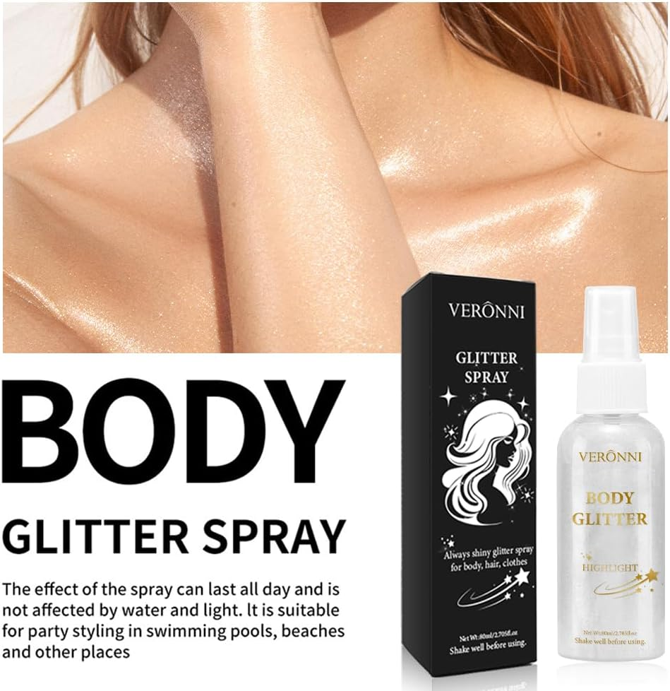 Body Glitter Spray for Women, Body Shimmer Sparkle Highlighter Spray, Silver-White Liquid Glitter Sprays, Natural Shine, Long Lasting, Quick-Drying for Stage, Festival, Party and Makeup image number 4