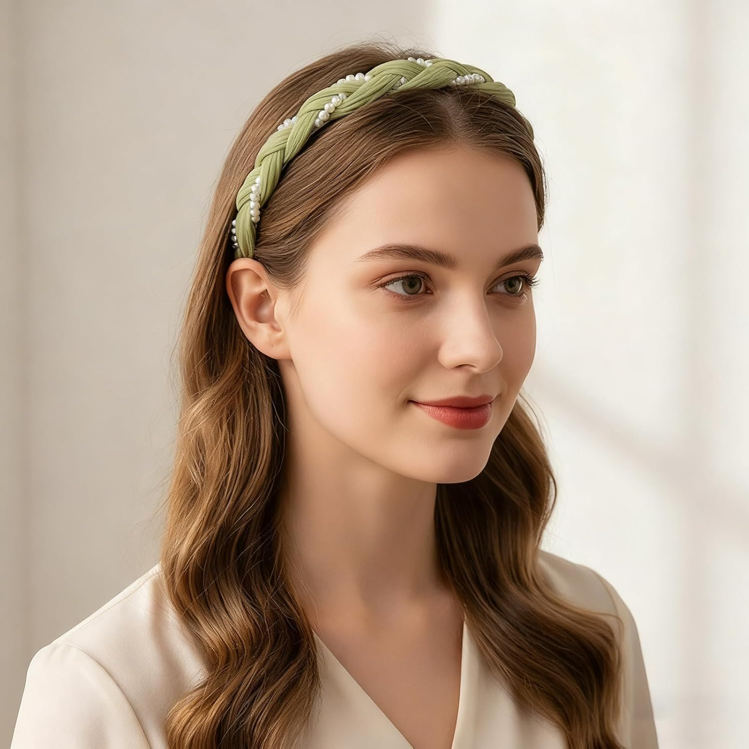 Pack of 2 Women'S Headbands, Braided Pearl Headbands, Headbands, Hair Band for Girls, Women, Headband Dirndl, Costume Headband for Everyday Wedding Garden Party (Green + White) image number 2