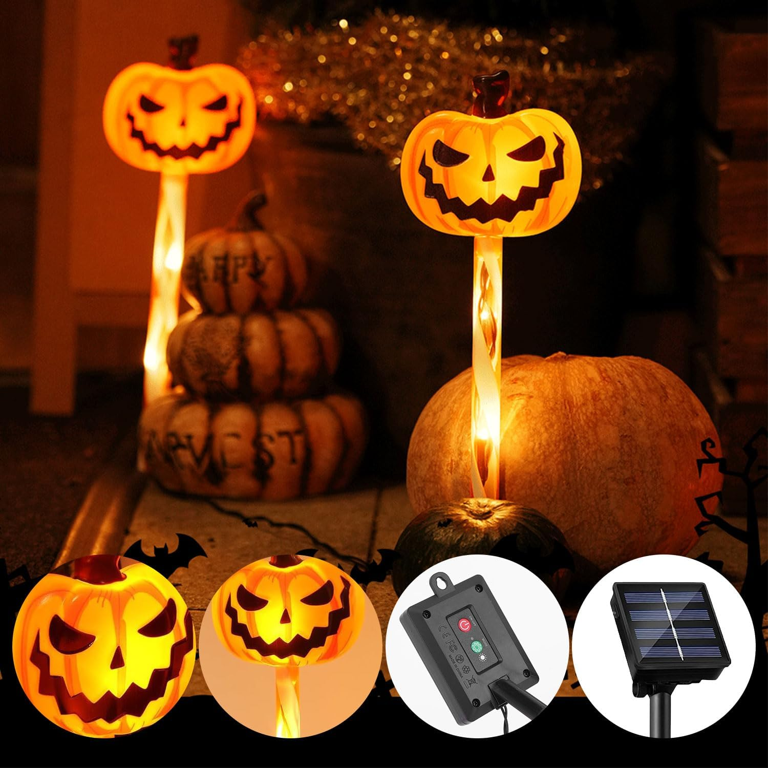 Pack of 5 Halloween Decorative Outdoor Garden, Pumpkin Solar Lights Outdoor, LED Lighting Lantern for Outdoor, Solar Pumpkin Pathway Lights, for Outdoor Party, Tombstone, Home Decor, Lawn Fence, Porch image number 3