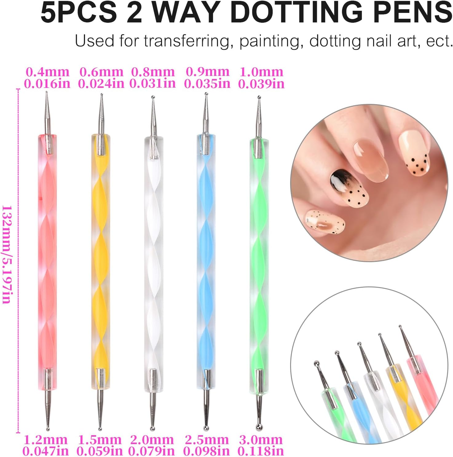 Siyuwuro 5Pcs Double-Ended Nail Art Dotting Pens 10 Different Diameter Ball End Dots Painting Pen Tool 2 Way Nail Art Design Tools for Nail Decorations Art Stippling Engraving Drawing image number 2