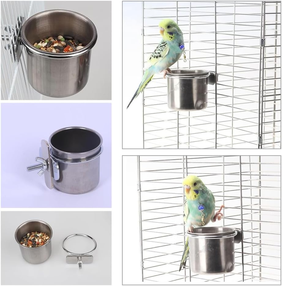 Bird Feeding Cups, Wanfoou 2 PCS Detachable Parrot Feeder, Stainless Steel Bird Feeding Dish Cups, Parrot Cage Food Water Feeder Bowls Cage Coop with Clamp Holder(5.5 * 5 Cm) image number 3