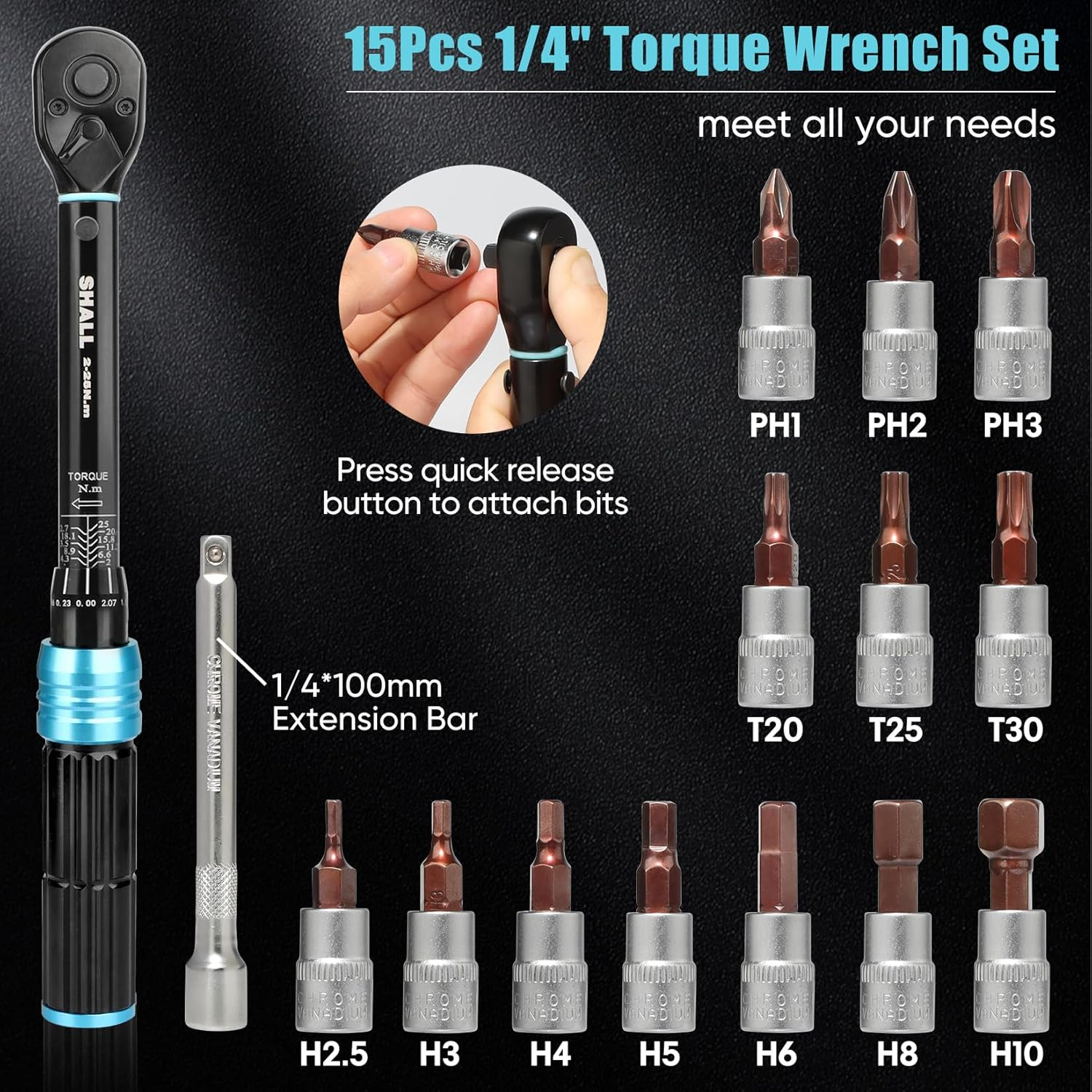 Shall 15-Piece 1/4" Torque Wrench Set, (2-25Nm) Dual Direction Adjustable 72 Tooth for Bike and Motorcycle Maintenance,With Extension Pole and Storage Box image number 1