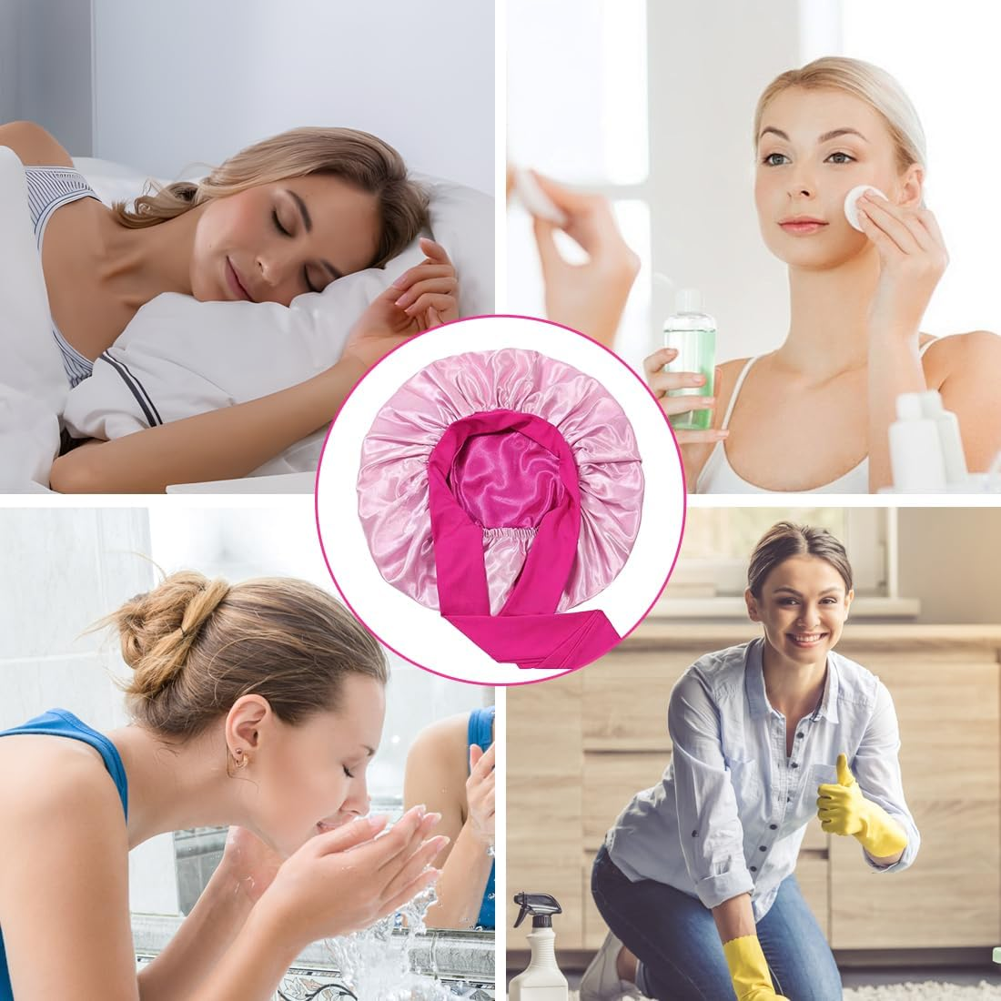 GGUFAY Double Sided Satin Hair Cap with Adjustable Tie Strap + Scrunchie Set, Hair Protection for Curls, Silk Bonnet for Sleeping, Gift for Women and Girls, Pink/Rose Red image number 5