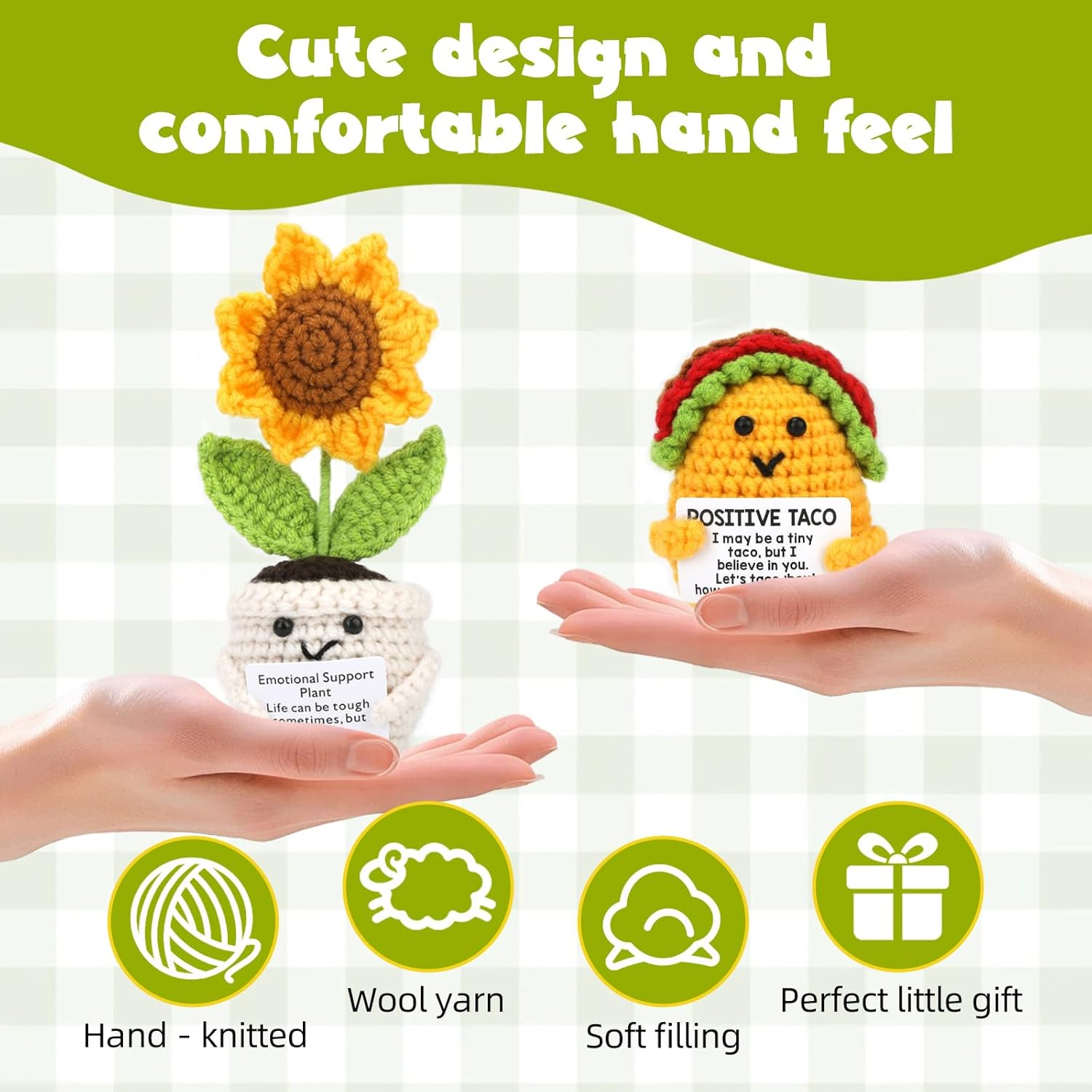 Fayrvind 2 Pcs Emotional Support Positive Crochet Sunflower and Taco Desk Decor Cute Stuff Crochet Flowers Birthday Gifts for Women Thank You Gift