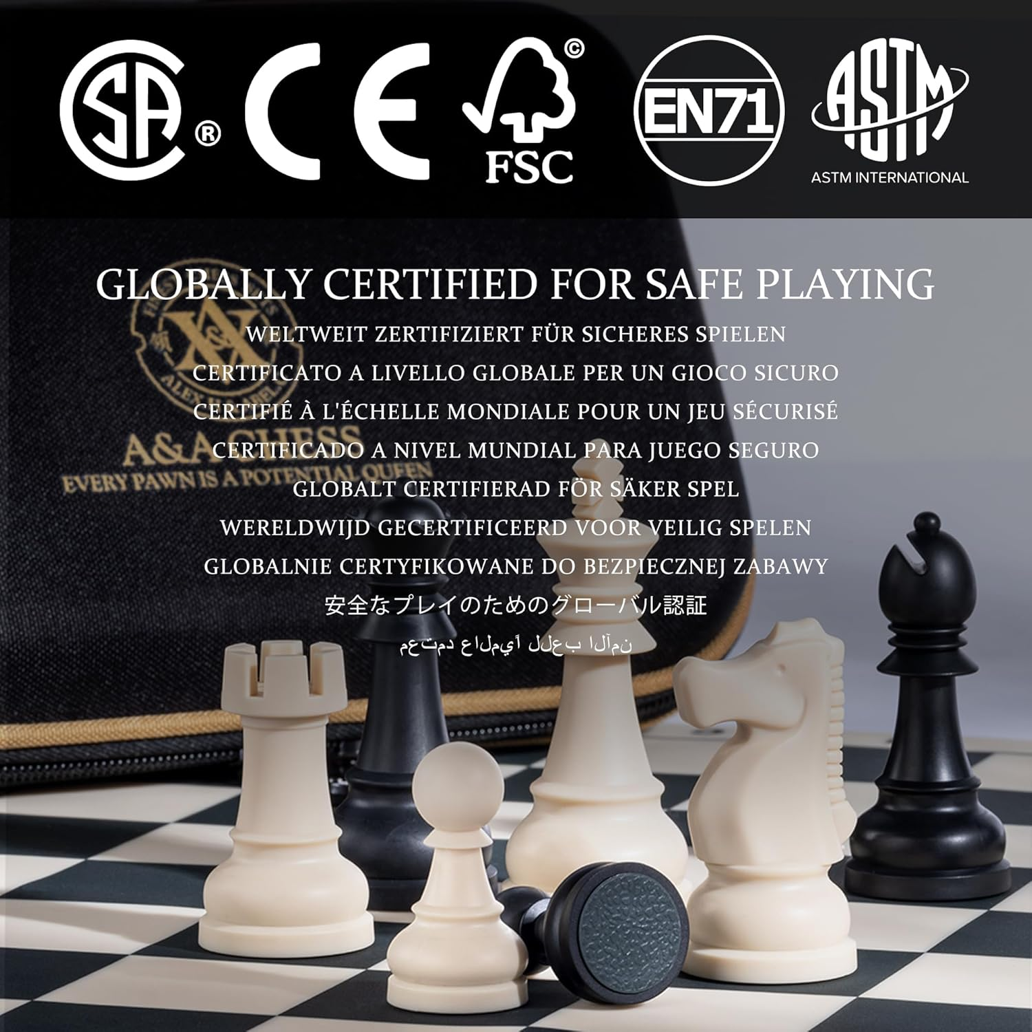 A&A Travel Chess Set / 15''X15'' Foldable Silicone Chess Board / 3.25'' King Height Plastic Staunton Pieces/Storage Bag