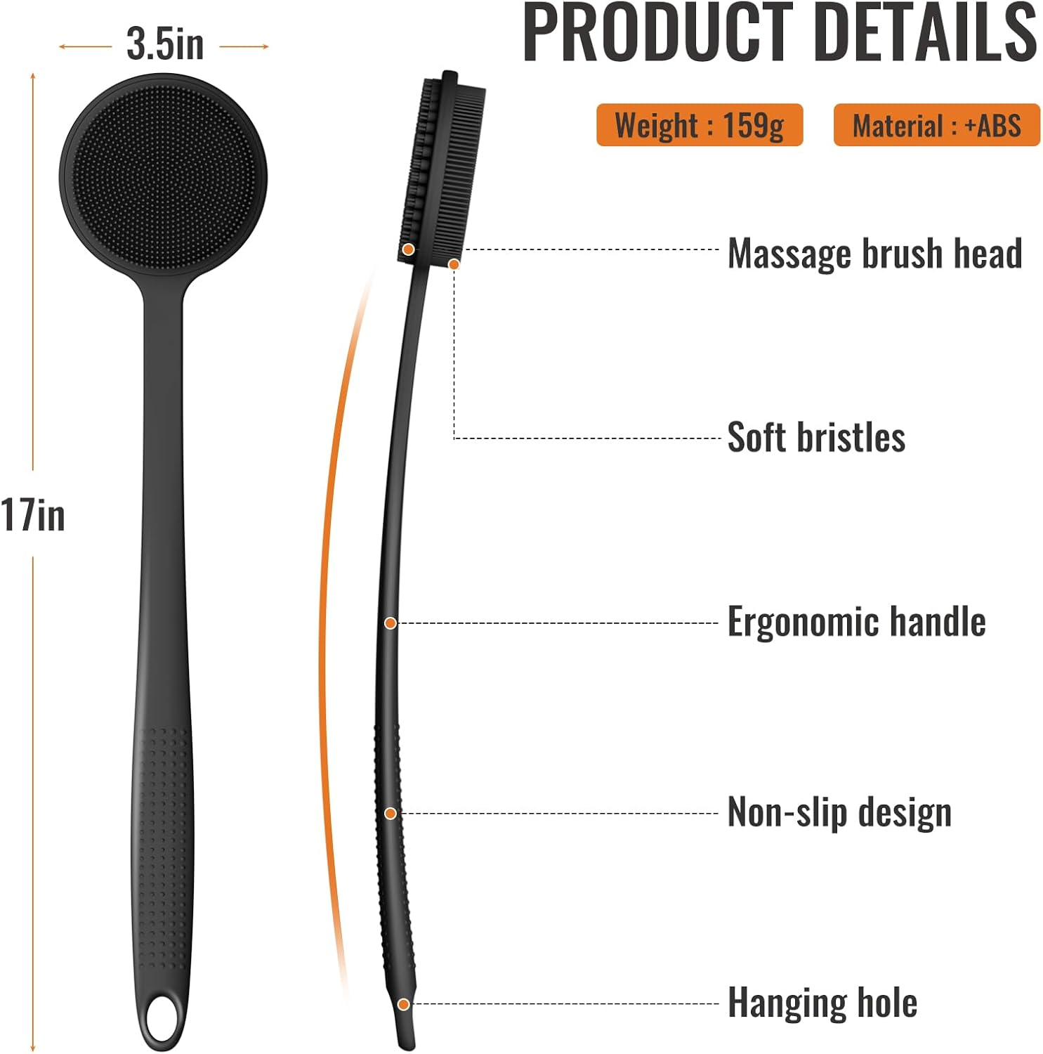 VWMYQ Silicone Back Scrubber for Shower, 17In Lengthen Long Handle Body Brush, Double Sided Shower Brush for Shower Exfoliating and Massage Can Produce Rich Foam, Long Handle Back Scrubber for Men - Black image number 4