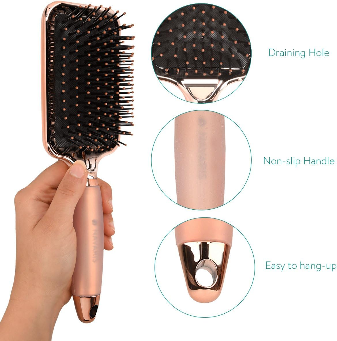 Navaris Paddle Brush Large Detangling Styling Hairbrush for All Hair Types with Conforming Comfort Gel Handle Metallic Rose Gold image number 1