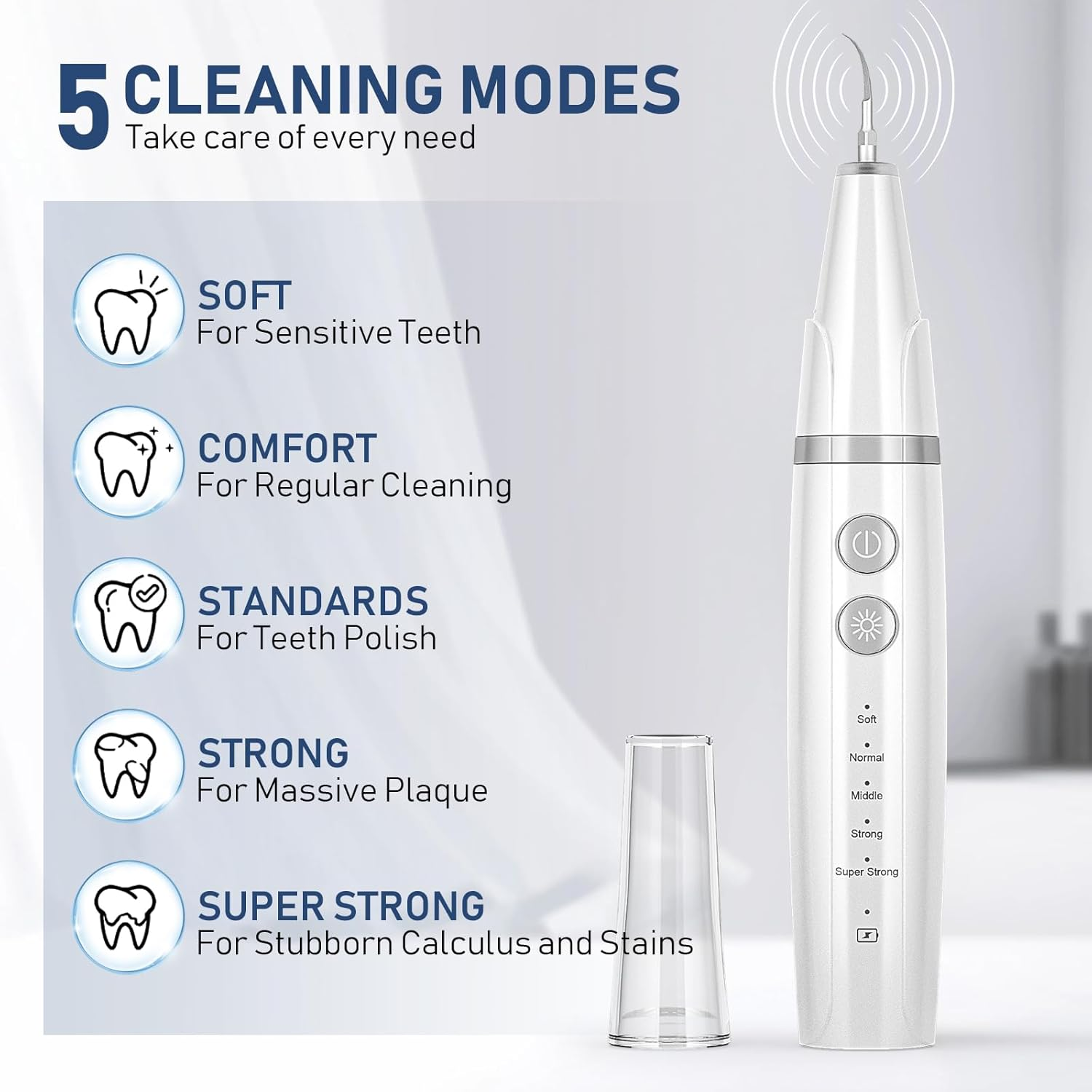 Ultrasonic Tooth Cleaner Plaque Remover for Teeth Cleaning IP67 Waterproof Tartar Remover with 3 Replaceable Heads and 5 Adjustable Modes Rechargeable, Portable Design for Home Travel image number 2