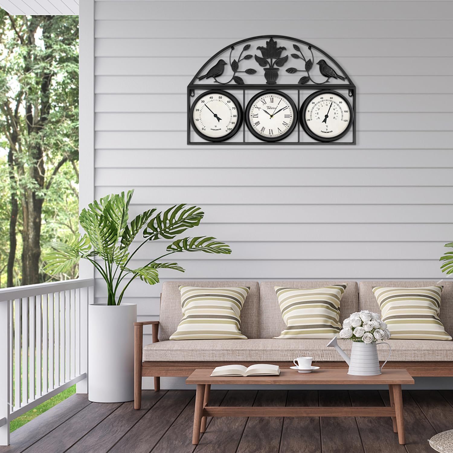 Tulivios 24 Inch Large Outdoor Clock, Pool Clock with Thermometer and Hygrometer Combo, Clock Outdoor Weatherproof Non-Ticking Quartz Battery Operated Decor Waterproof Clock for Patio, Garden, Porch - Gold image number 3