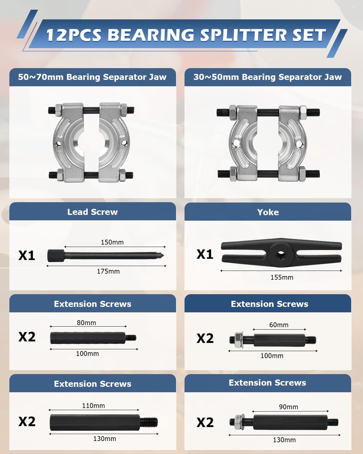 12Pcs 5 Ton Capacity Bearing Separator Puller Set 2" and 3" Splitters Remove Bearings Kit image number 4