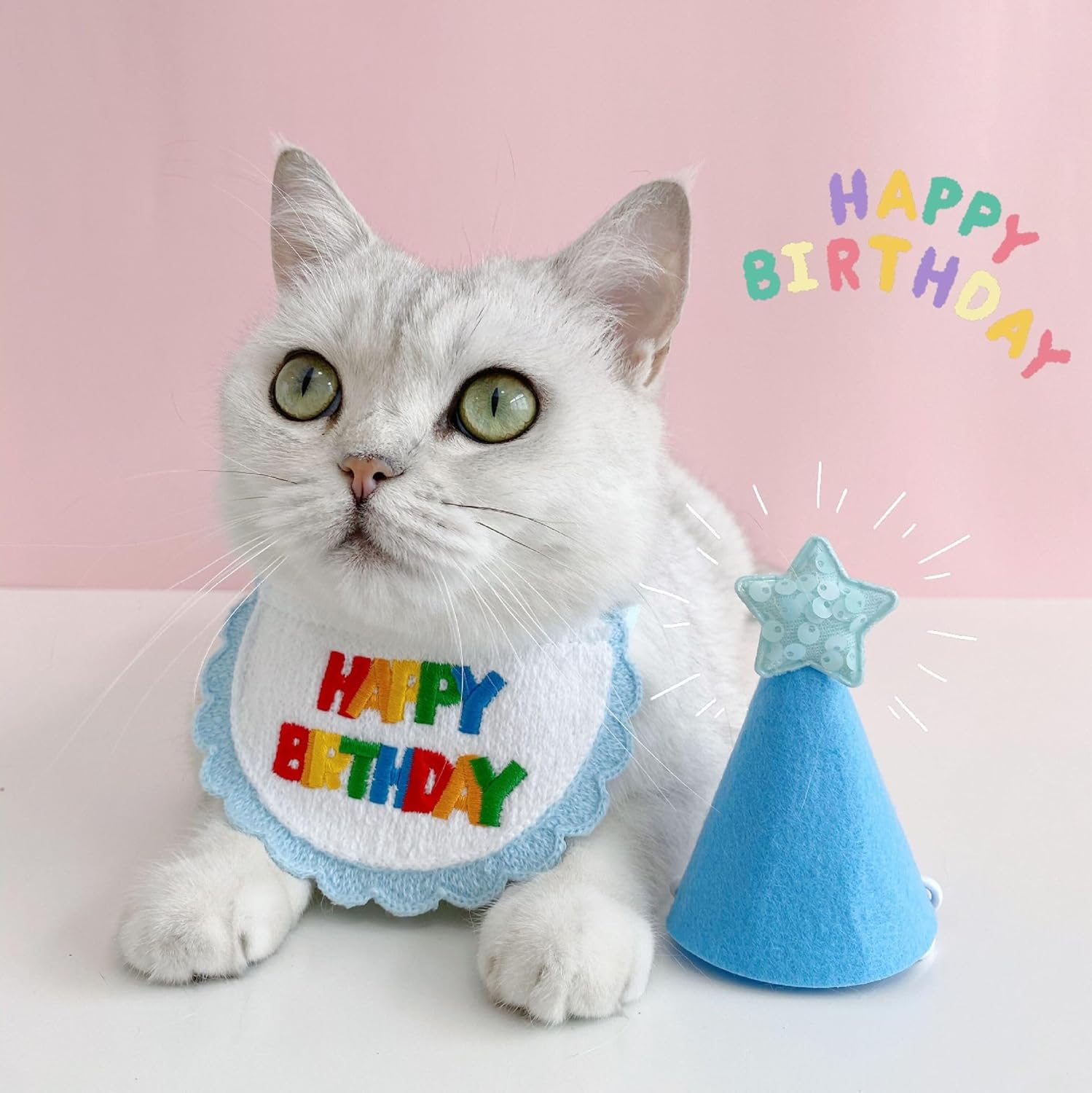 Pet Cat Dog Happy Birthday Scarfs and Party Hat Mini Doggy Cat Birthday Party Decoration Pet Birthday Outfit Pet Costumes Headwear Accessories (Blue, One Size) image number 3