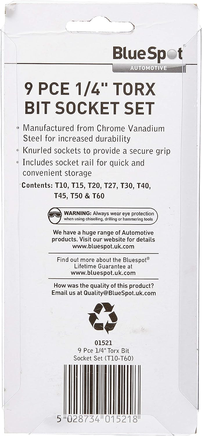 Blue Spot 01521 9 Piece 1/4 Inch Star Bit Socket Set on Rail image number 1