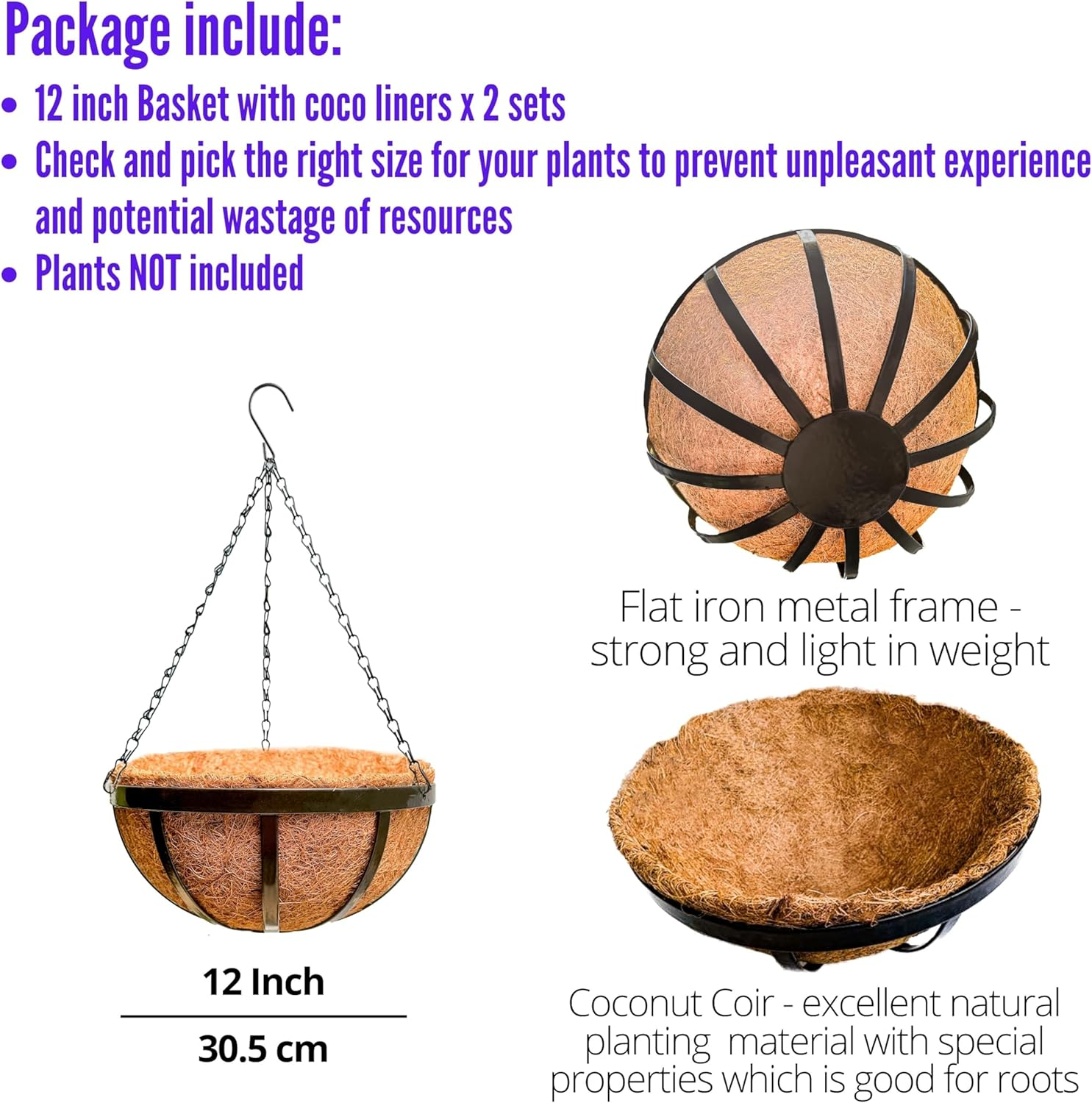 Lalagreen Outdoor Hanging Baskets for Plants (2 Pack, 12 Inch) Medium Black Hanging Planters with Coco Liner, Metal Flat Iron Flower Pots for Deck Patio Porch Modern Garden Balcony outside Decoration image number 6