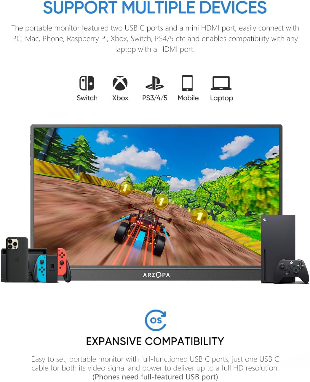 ARZOPA Portable Monitor, 15.6'' 1080P FHD Laptop Monitor USB C HDMI Computer Display HDR Eye Care External Screen W/Smart Cover for PC Mac Phone Xbox Switch PS5 - S1 Table image number 3