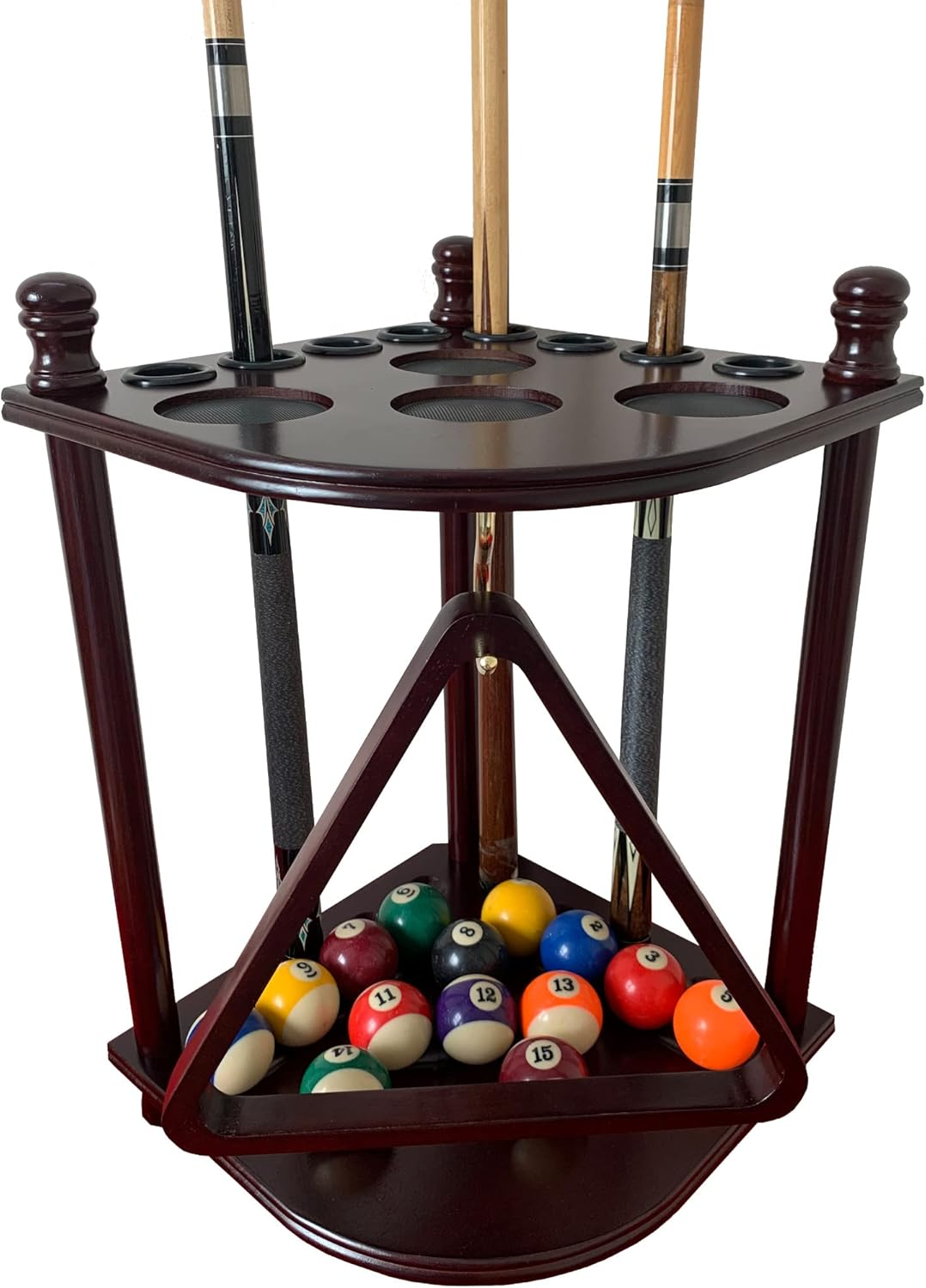 GACCO BILLIARDS Pool Cue Rack Hold up to 8 Sticks & Billiard Accessories. Floor Stand Pool Cue Stick Holder Made of 100% Solid Hardwood.(Traditional Mahogany) - Black image number 6