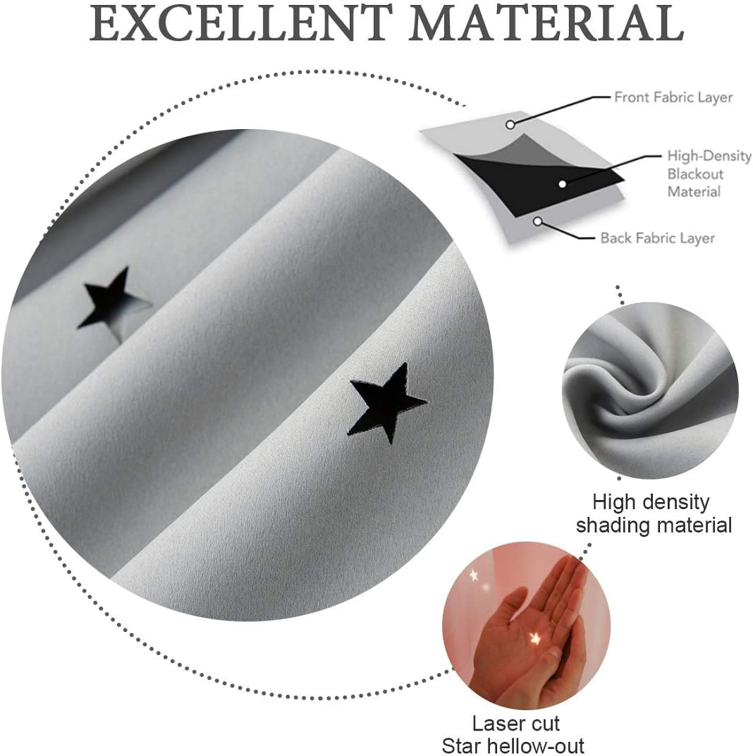 UNISTAR 2 Panels Stars Blackout Curtains for Bedroom Girls Kids Baby Window Curtain Double Layer Star Cut Out Aesthetic Living Room Decor Wall Home Decorations Curtain,W52 X L63 Inches,Grey image number 5