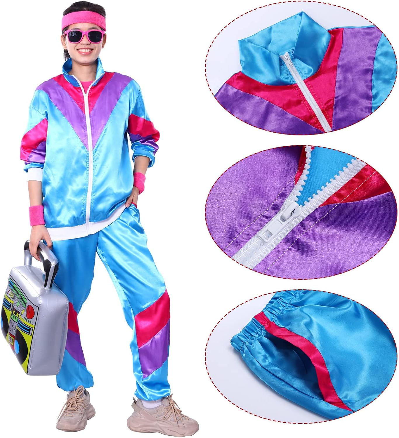80S Fancy Dress Costume for Adults,80S Shell Suit Costume,90S Shell Suit Fancy Dress,Fashion Retro Tracksuit Outfit,90S Fancy Dress Costumes with Headband Wristbands Glasses