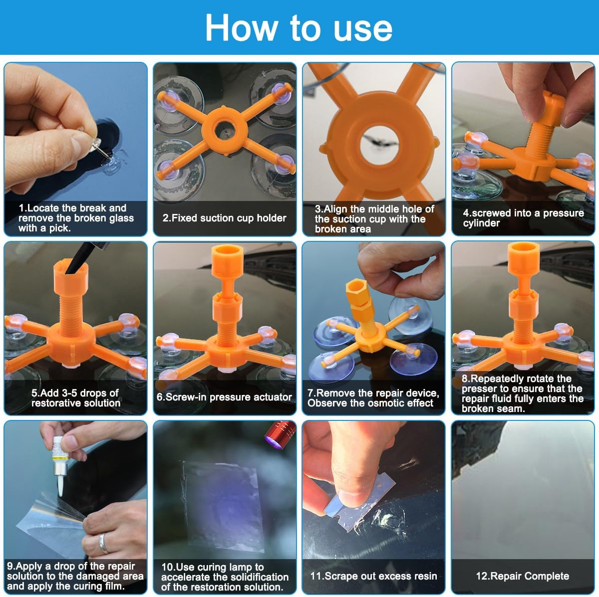 Yucool Windshield Glass Repair Kit, 4 Pcs Car Glass Repair Kit, Quick Fix for Chips, Cracks and Scratches on Car Windshield image number 1